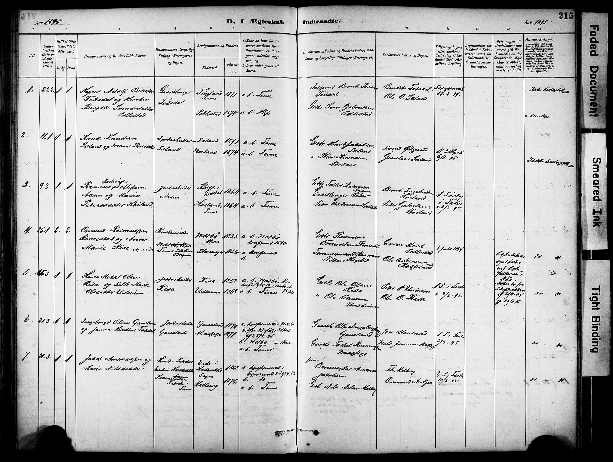 Lye sokneprestkontor, SAST/A-101794/001/30BA/L0011: Parish register (official) no. A 9, 1893-1903, p. 215