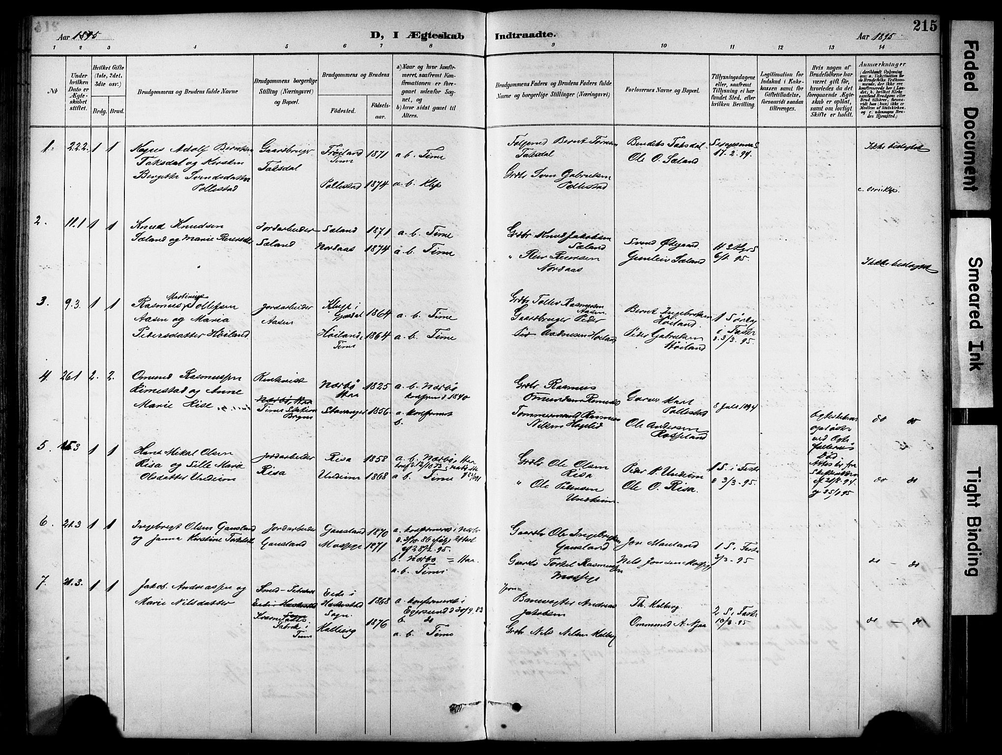 Lye sokneprestkontor, AV/SAST-A-101794/001/30BA/L0011: Parish register (official) no. A 9, 1893-1903, p. 215