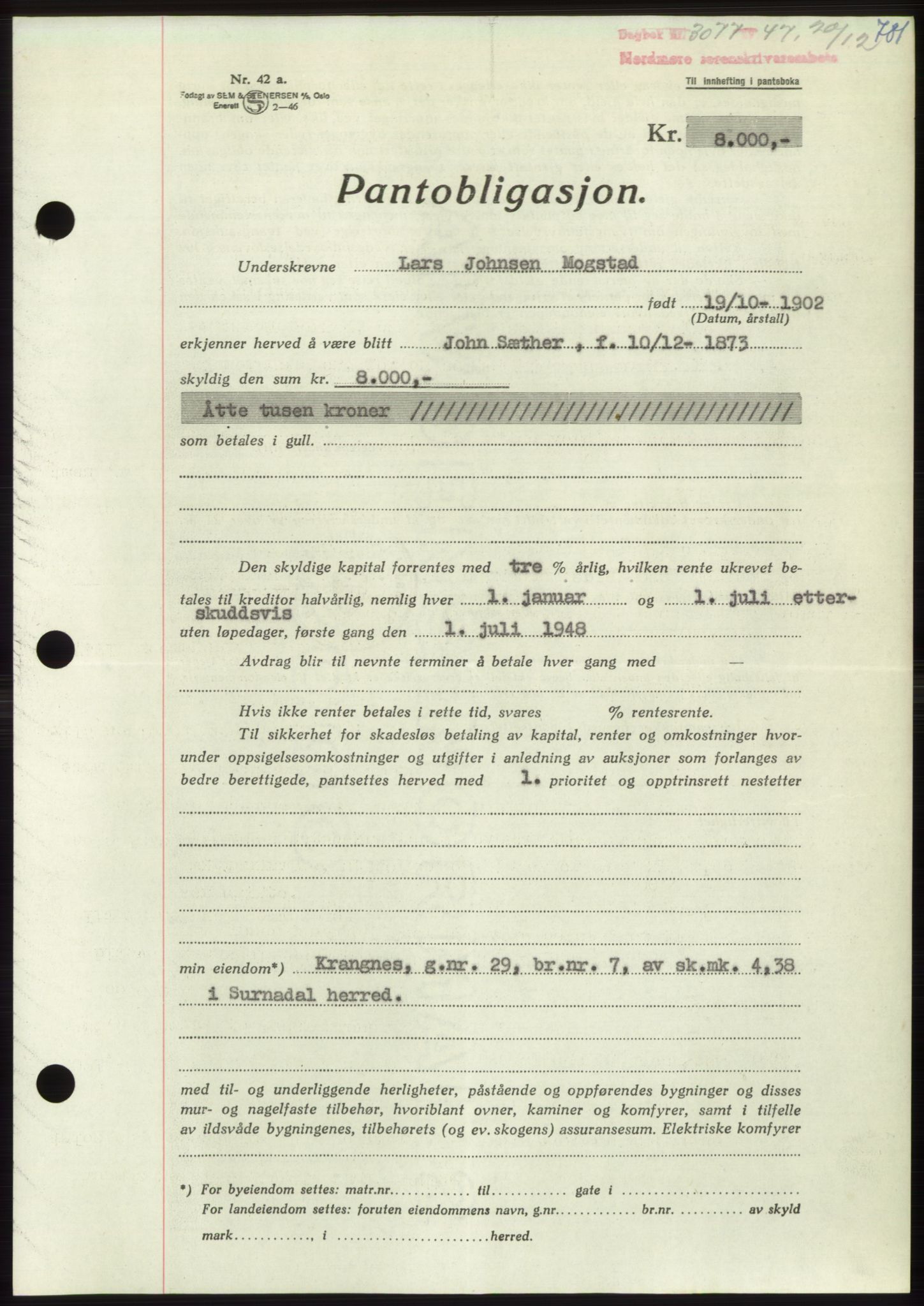 Nordmøre sorenskriveri, AV/SAT-A-4132/1/2/2Ca: Mortgage book no. B97, 1947-1948, Diary no: : 3077/1947