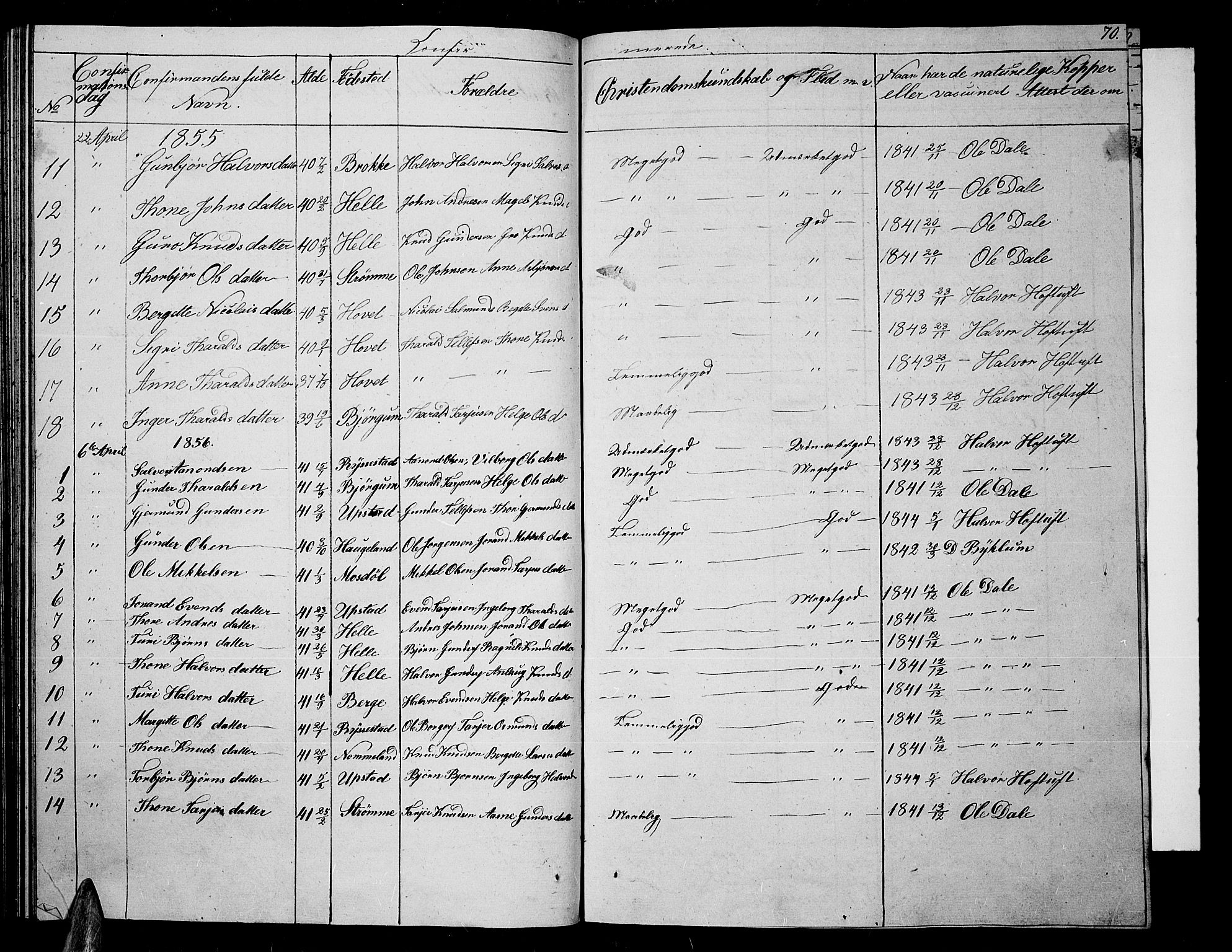 Valle sokneprestkontor, AV/SAK-1111-0044/F/Fb/Fbb/L0001: Parish register (copy) no. B 1, 1848-1875, p. 70