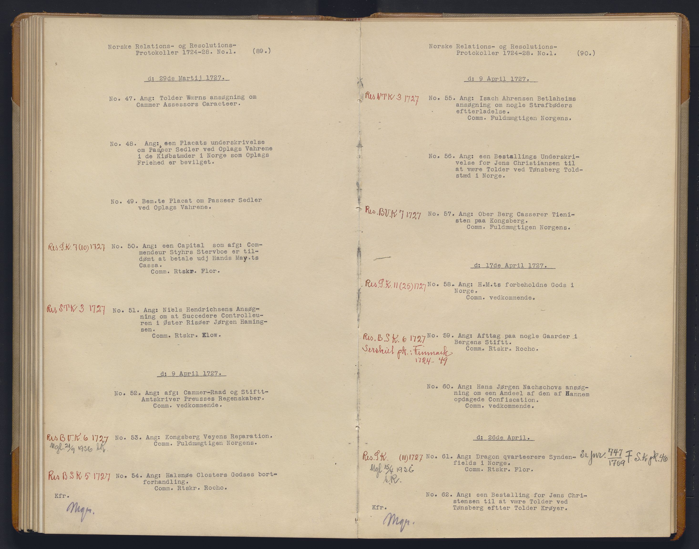 Avskriftsamlingen, AV/RA-EA-4022/F/Fb/L0115: Registratur over norske Relasjons- og resolusjonsprotkoller, 1724-1728, p. 65