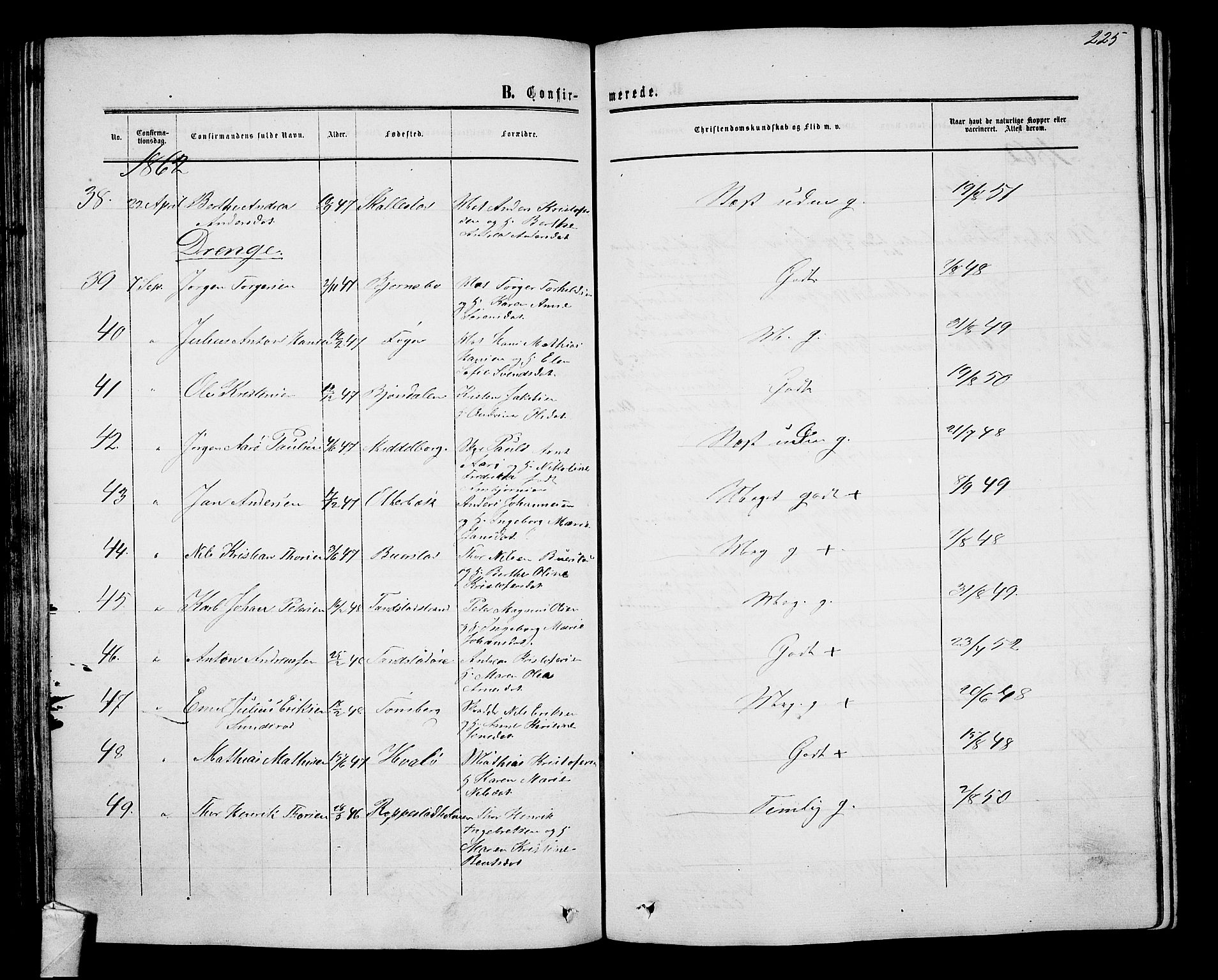 Nøtterøy kirkebøker, AV/SAKO-A-354/G/Ga/L0002: Parish register (copy) no. I 2, 1860-1877, p. 225