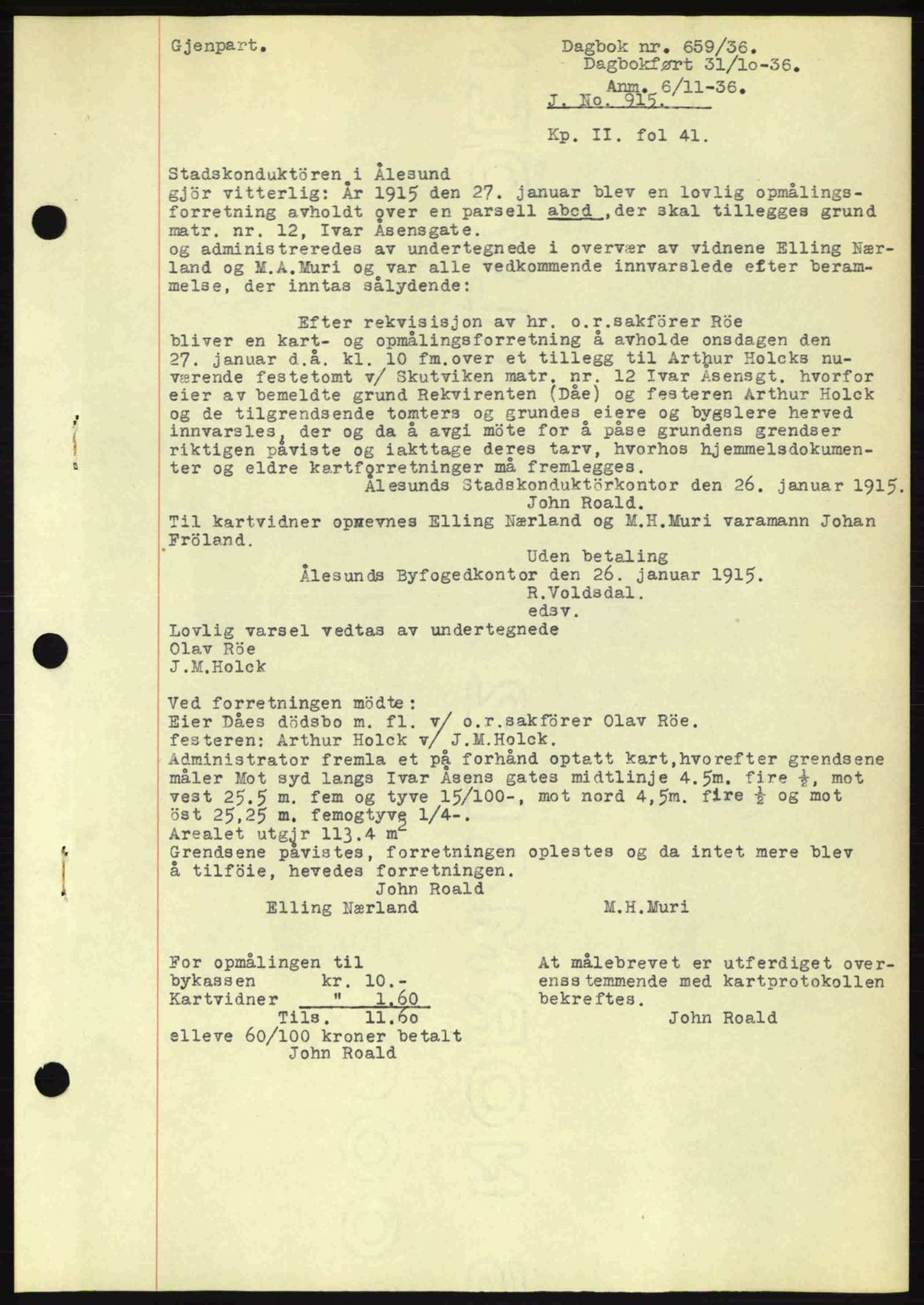 Ålesund byfogd, AV/SAT-A-4384: Mortgage book no. 34 I, 1936-1938, Diary no: : 659/1936
