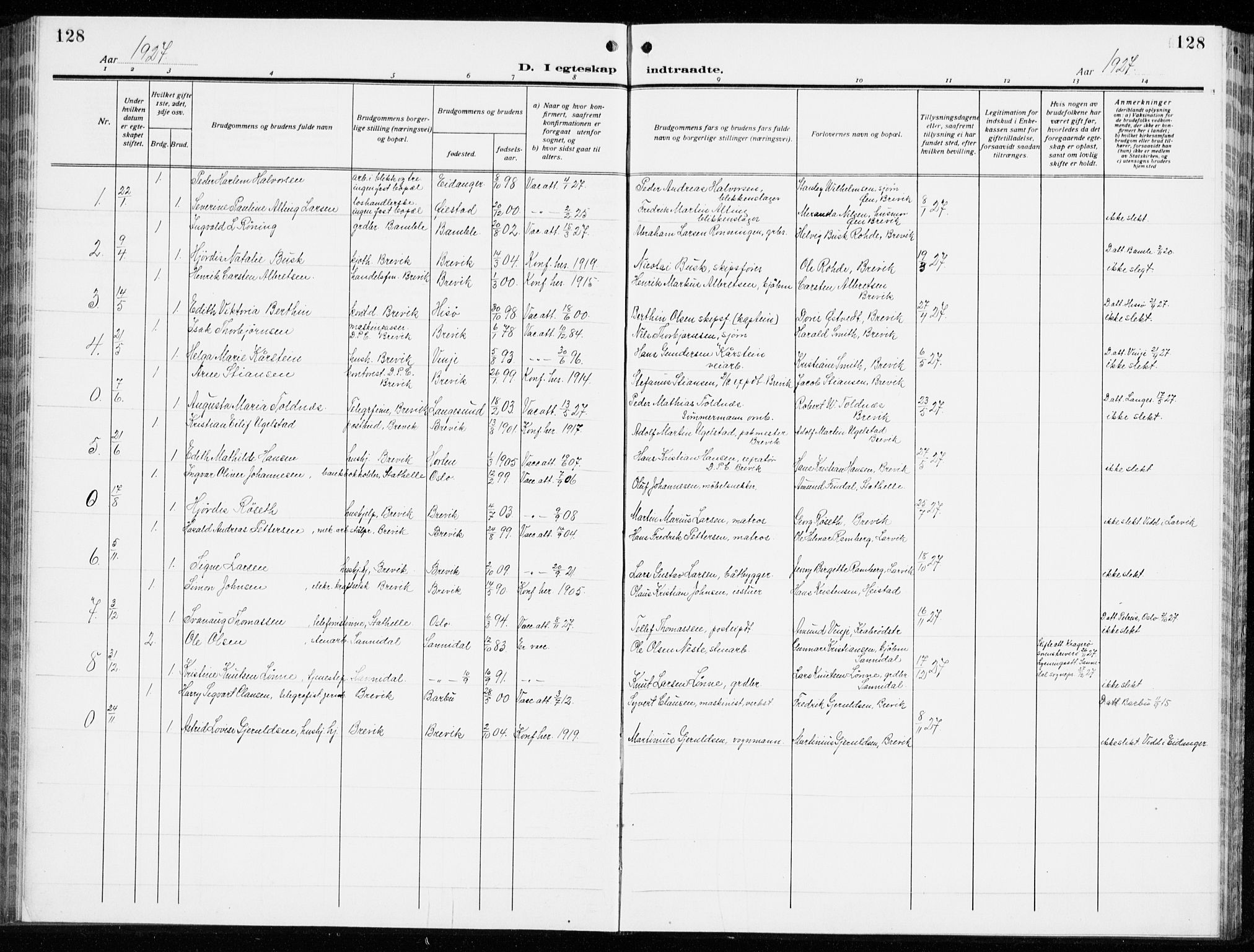 Brevik kirkebøker, SAKO/A-255/G/Ga/L0006: Parish register (copy) no. 6, 1922-1940, p. 128
