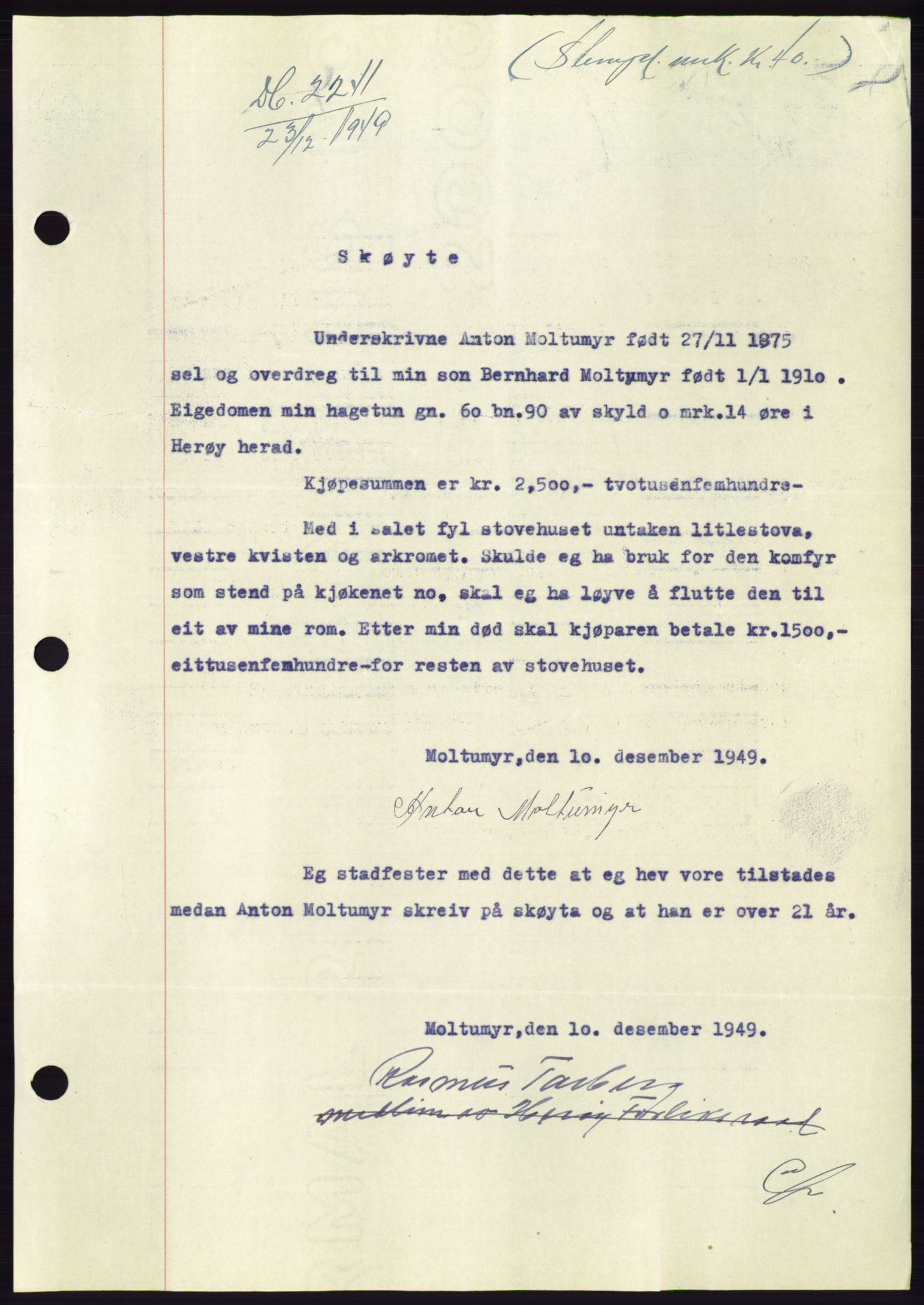 Søre Sunnmøre sorenskriveri, AV/SAT-A-4122/1/2/2C/L0086: Mortgage book no. 12A, 1949-1950, Diary no: : 2241/1949