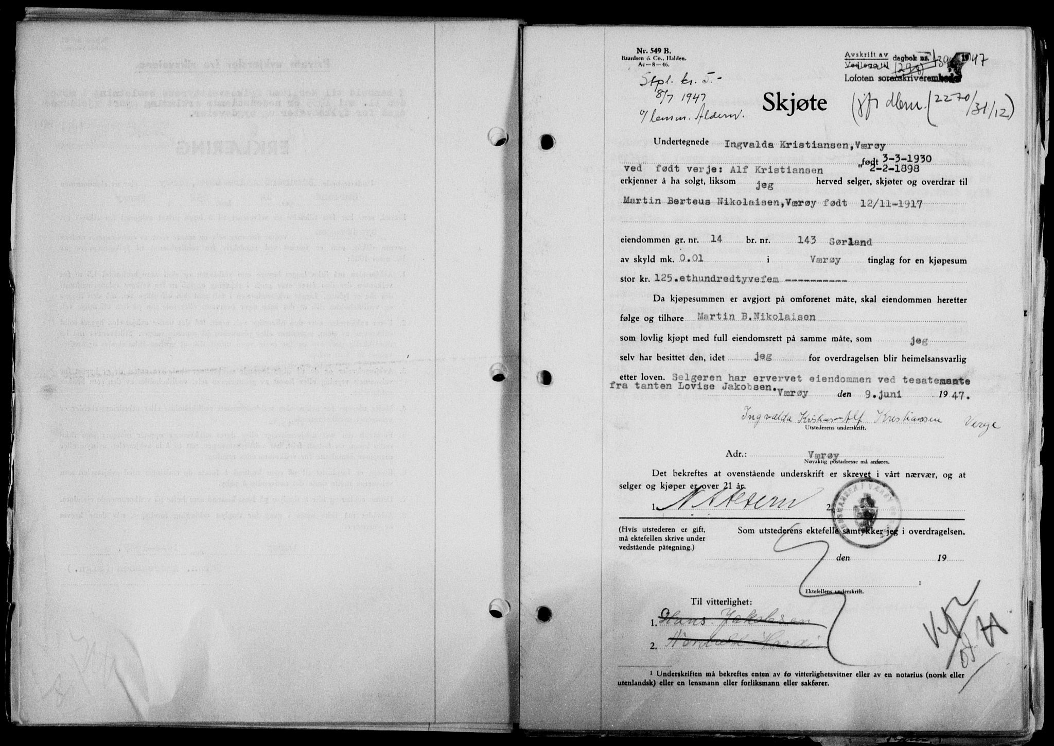 Lofoten sorenskriveri, SAT/A-0017/1/2/2C/L0016a: Mortgage book no. 16a, 1947-1947, Diary no: : 1398/1947