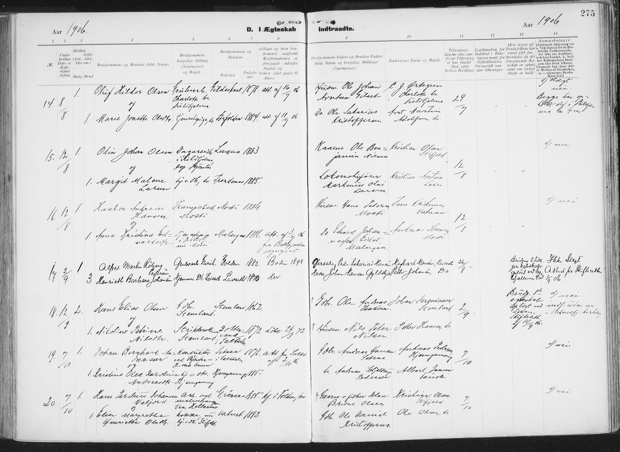 Ministerialprotokoller, klokkerbøker og fødselsregistre - Nordland, AV/SAT-A-1459/849/L0696: Parish register (official) no. 849A08, 1898-1910, p. 275