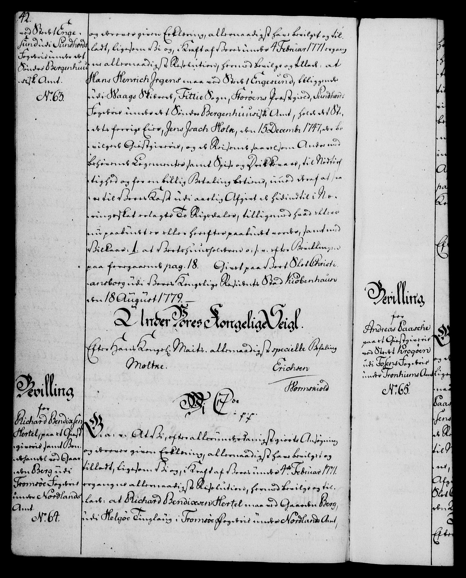 Rentekammeret, Kammerkanselliet, AV/RA-EA-3111/G/Gg/Gga/L0011: Norsk ekspedisjonsprotokoll med register (merket RK 53.11), 1779-1781, p. 42