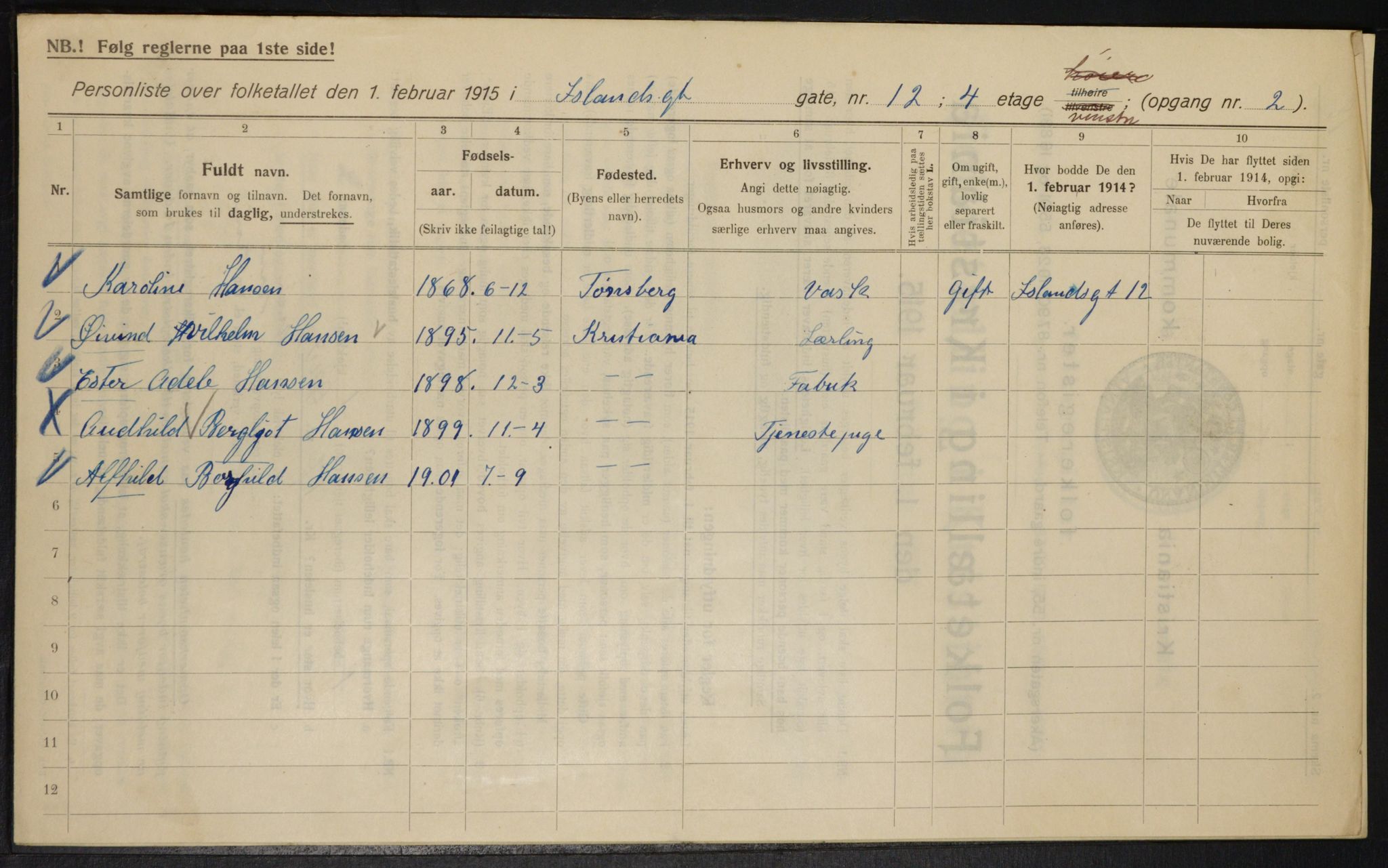 OBA, Municipal Census 1915 for Kristiania, 1915, p. 44162