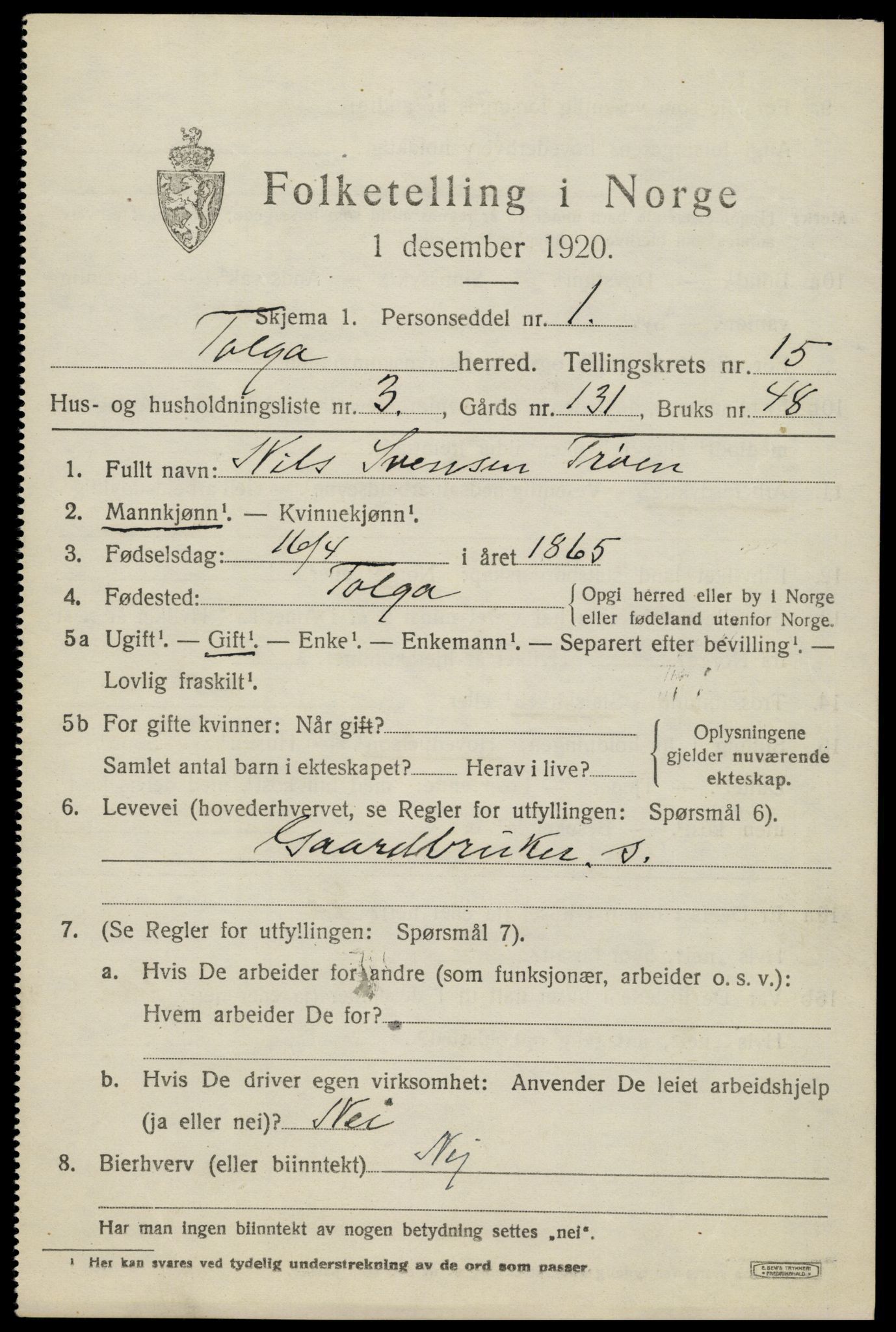 SAH, 1920 census for Tolga, 1920, p. 6893