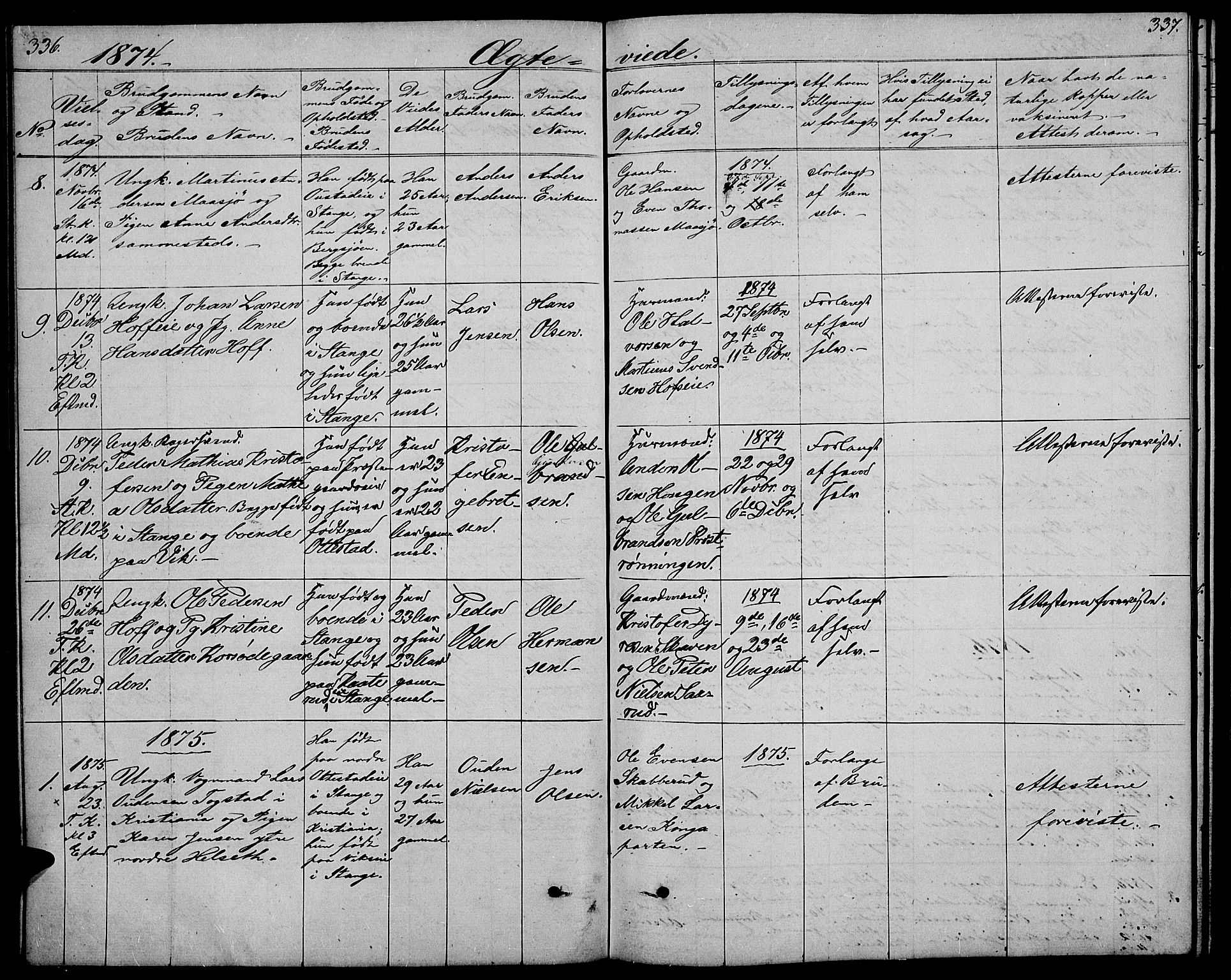 Stange prestekontor, SAH/PREST-002/L/L0005: Parish register (copy) no. 5, 1861-1881, p. 336-337