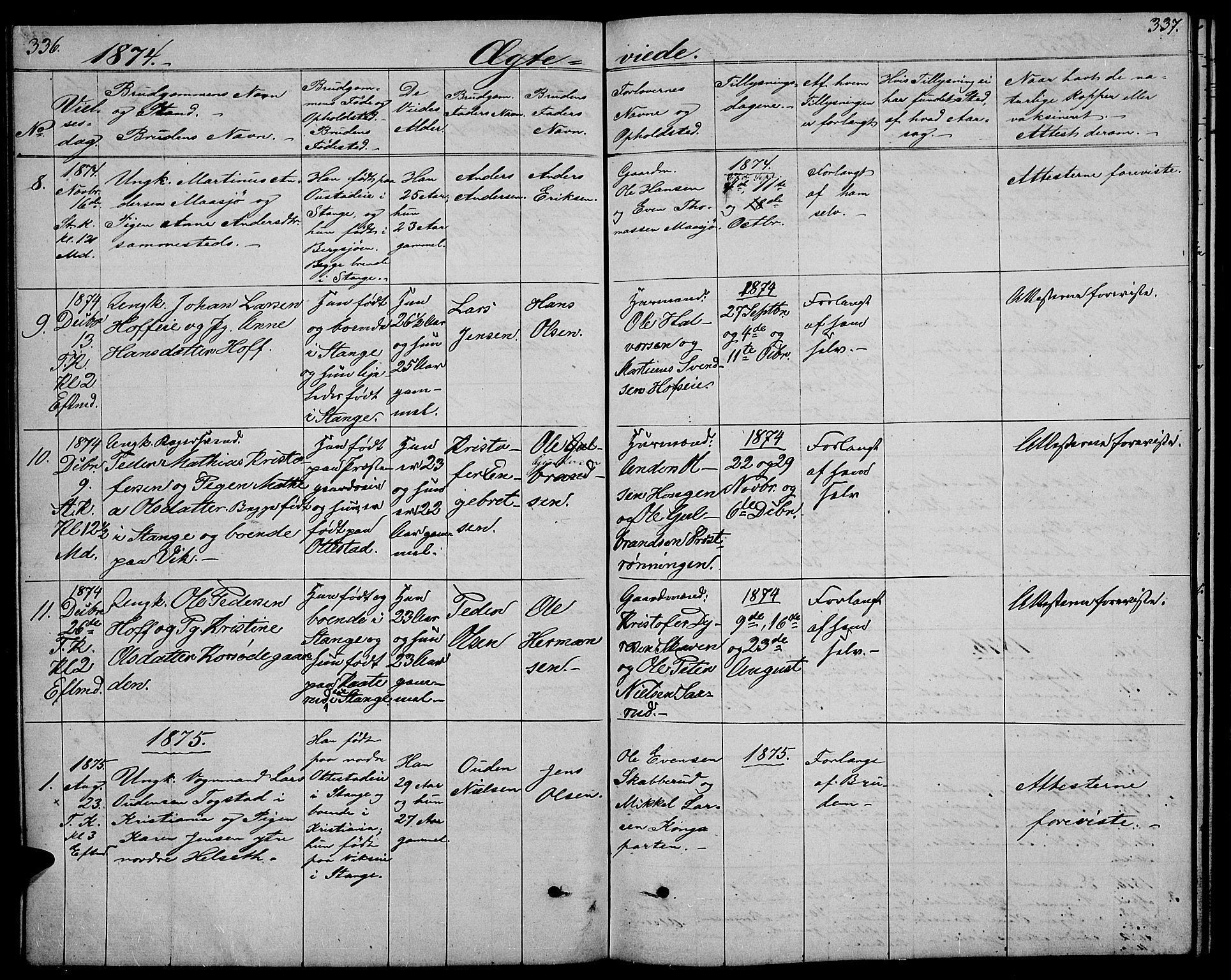 Stange prestekontor, AV/SAH-PREST-002/L/L0005: Parish register (copy) no. 5, 1861-1881, p. 336-337