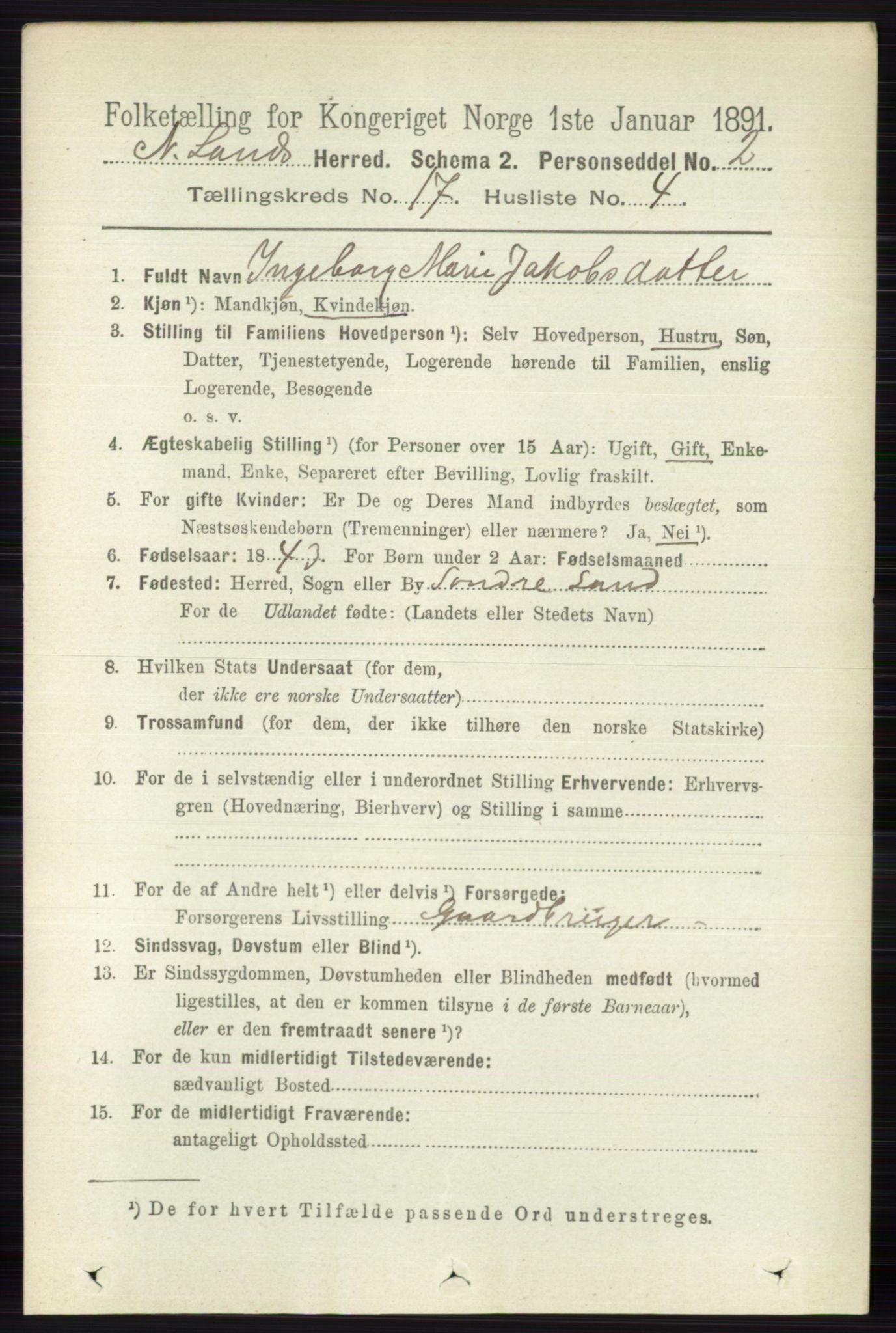 RA, 1891 census for 0538 Nordre Land, 1891, p. 4308