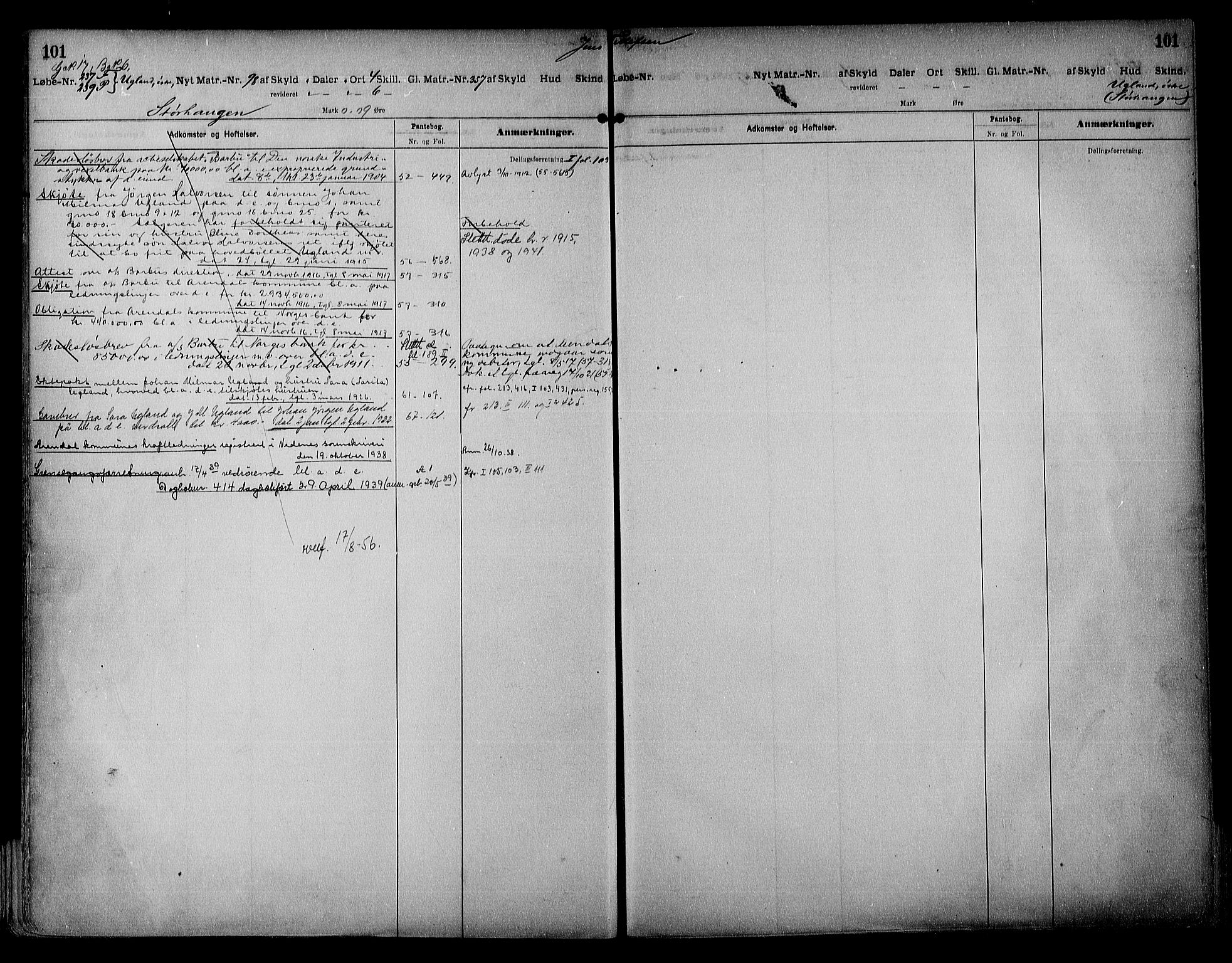 Vestre Nedenes/Sand sorenskriveri, SAK/1221-0010/G/Ga/L0017: Mortgage register no. 13a, 1872-1956, p. 101