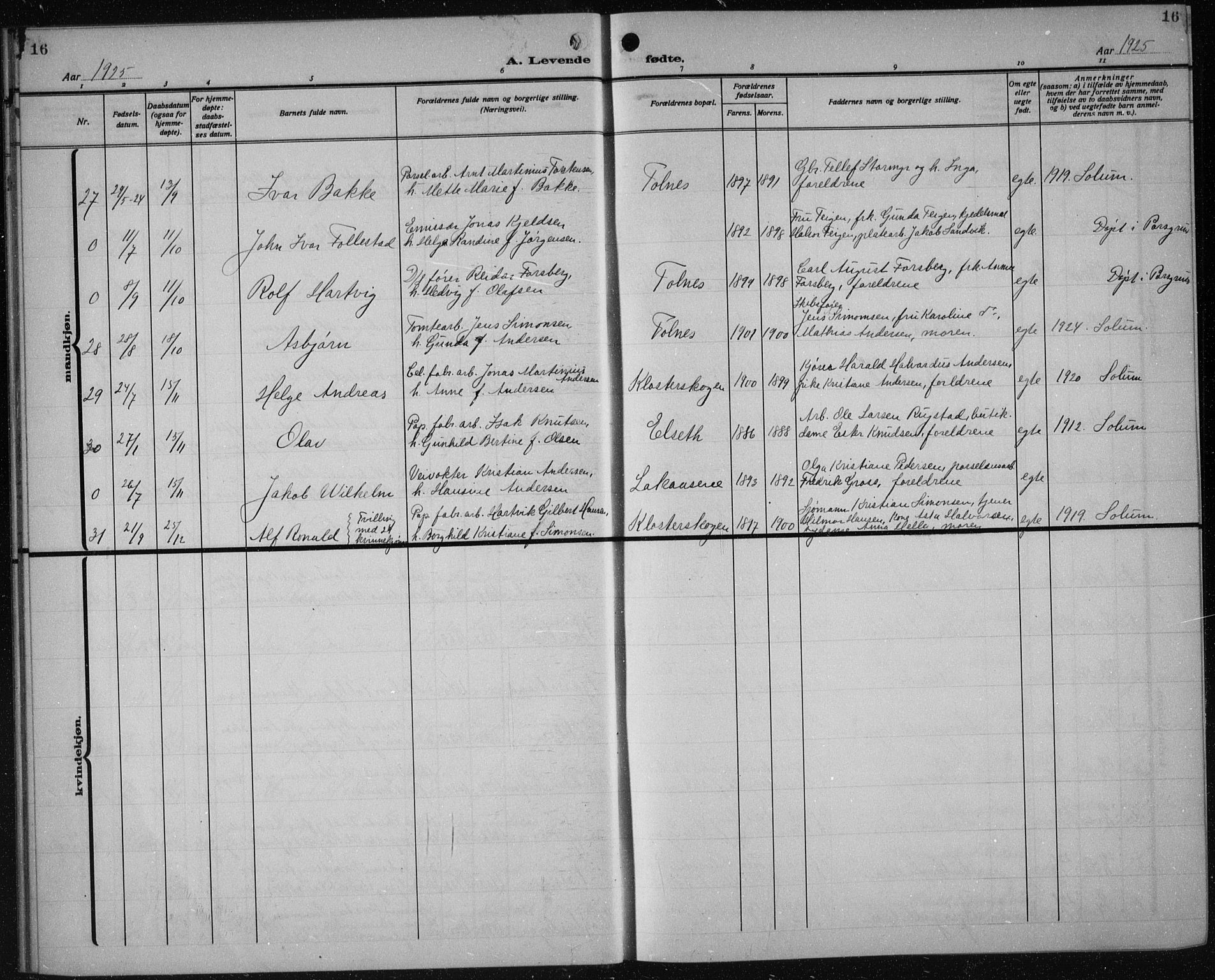 Solum kirkebøker, AV/SAKO-A-306/G/Ga/L0010: Parish register (copy) no. I 10, 1921-1937, p. 16