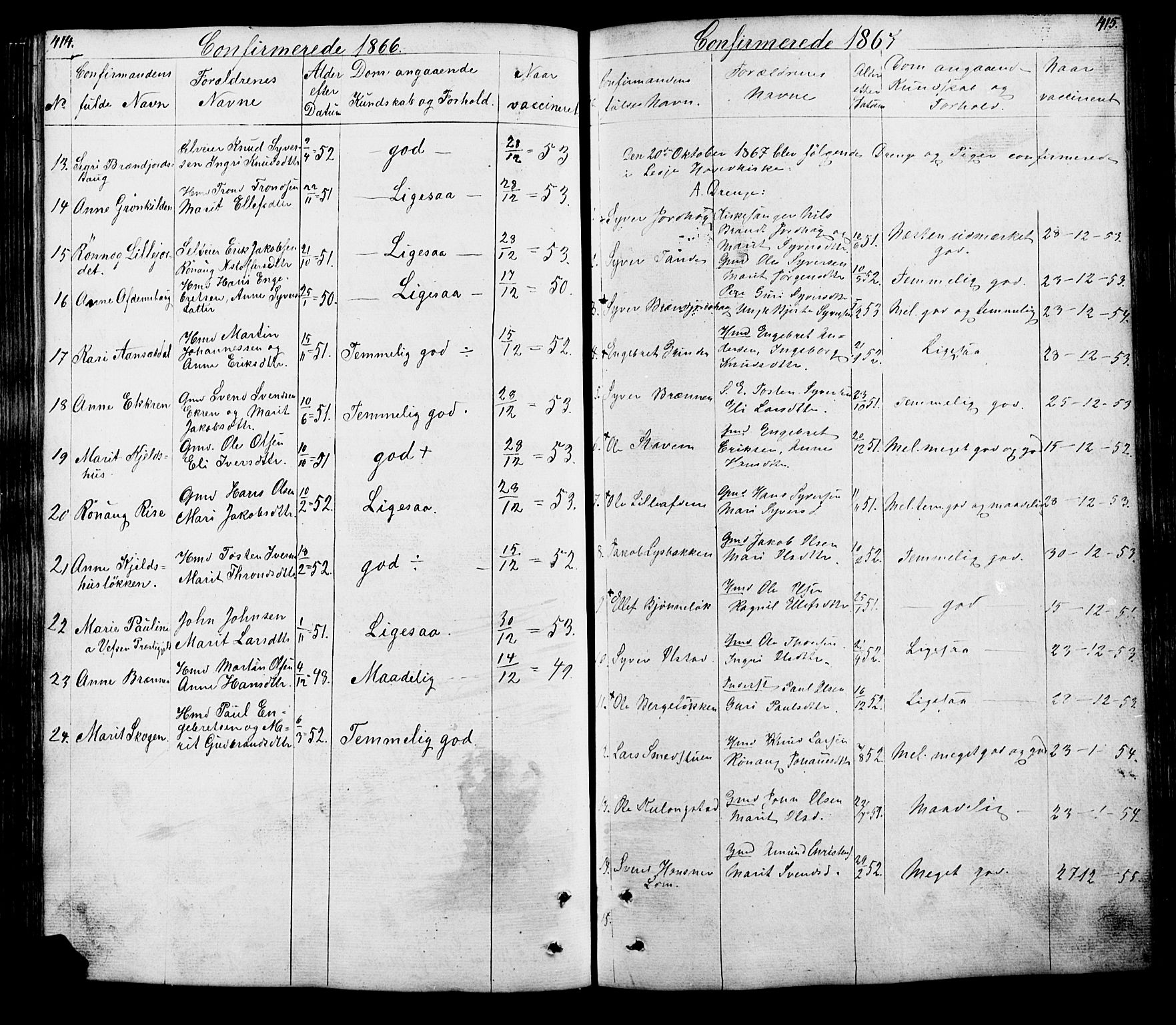 Lesja prestekontor, SAH/PREST-068/H/Ha/Hab/L0005: Parish register (copy) no. 5, 1850-1894, p. 414-415