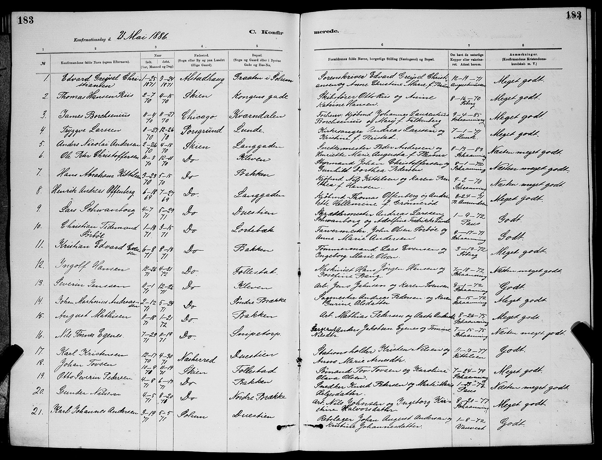 Skien kirkebøker, SAKO/A-302/G/Ga/L0006: Parish register (copy) no. 6, 1881-1890, p. 183