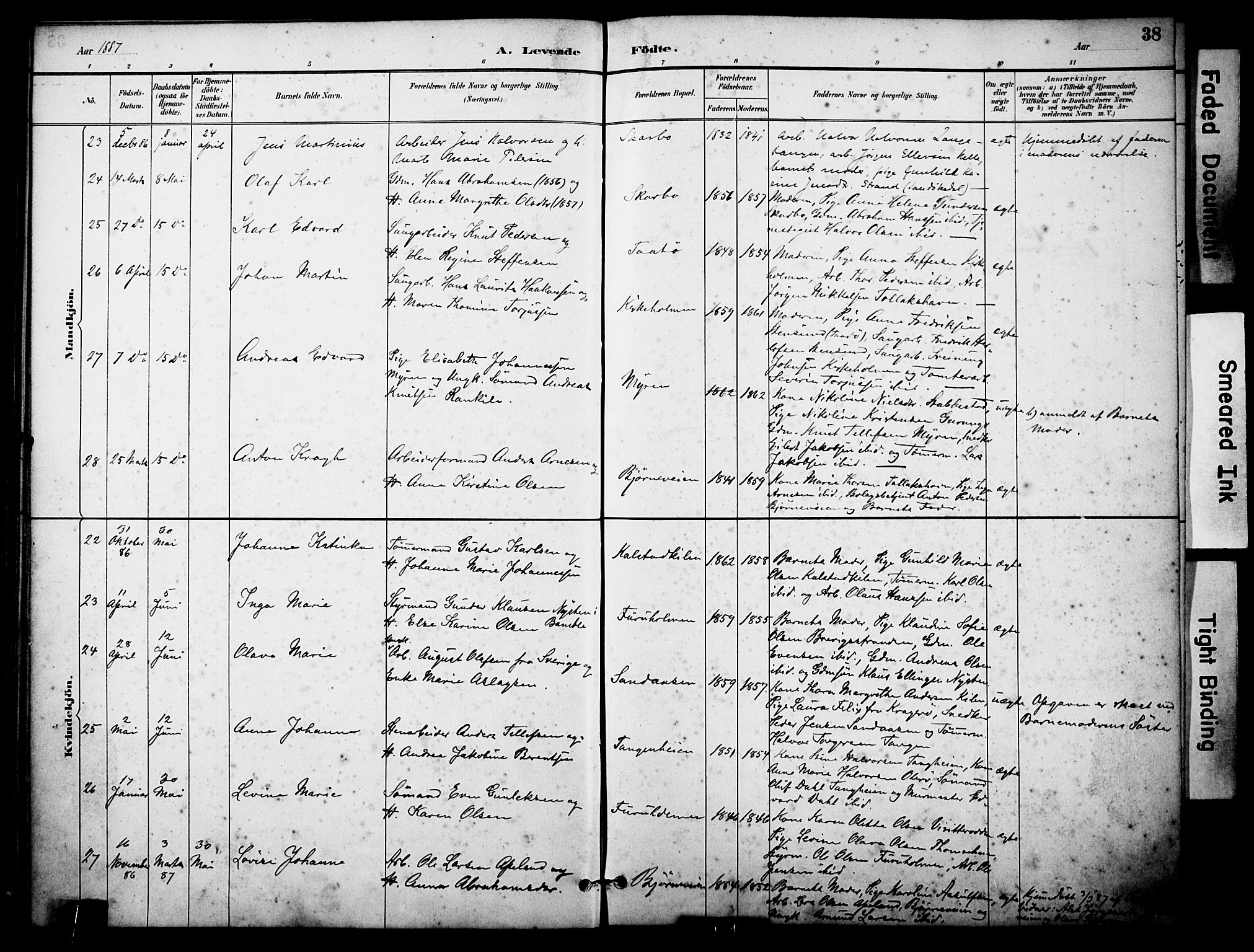 Skåtøy kirkebøker, SAKO/A-304/F/Fa/L0002: Parish register (official) no. I 2, 1884-1899, p. 38