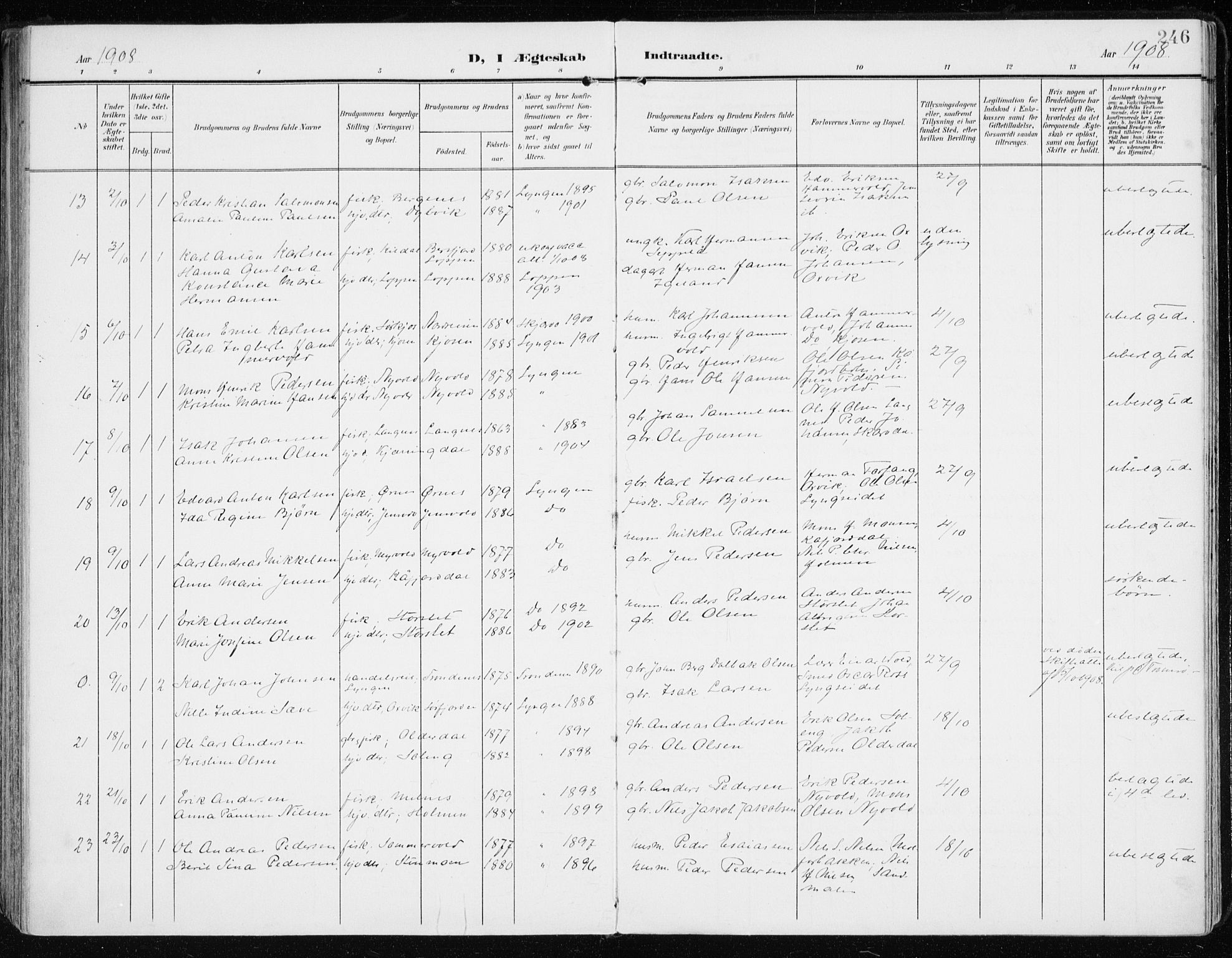 Lyngen sokneprestembete, SATØ/S-1289/H/He/Hea/L0011kirke: Parish register (official) no. 11, 1903-1913, p. 246