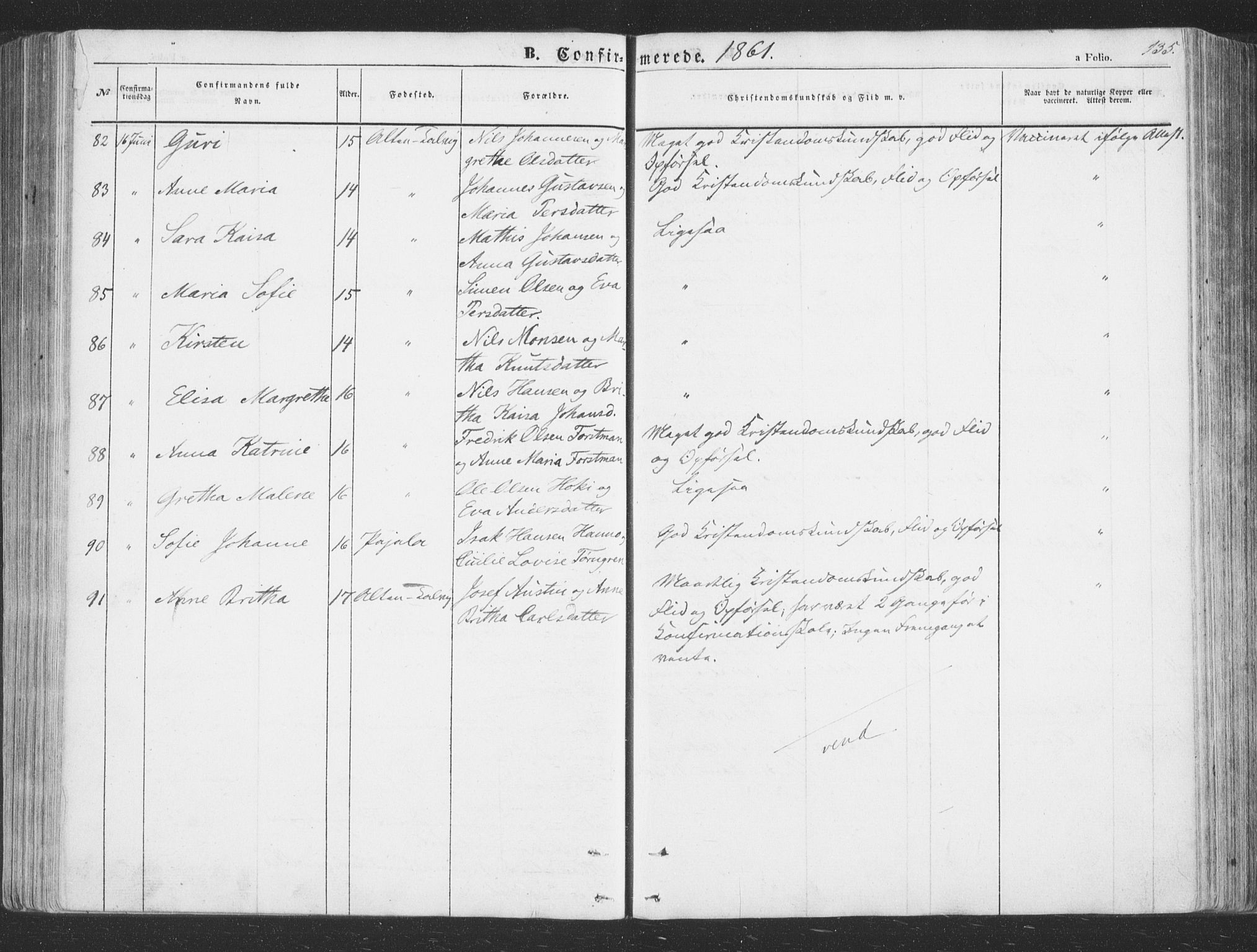 Talvik sokneprestkontor, AV/SATØ-S-1337/H/Ha/L0010kirke: Parish register (official) no. 10, 1852-1864, p. 135