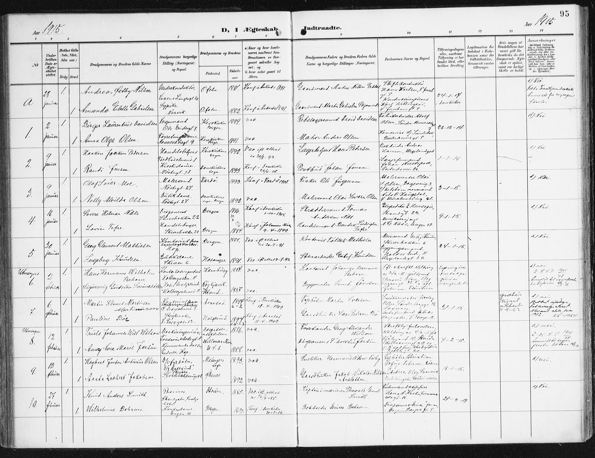 Domkirken sokneprestembete, SAB/A-74801/H/Haa/L0038: Parish register (official) no. D 5, 1906-1921, p. 95