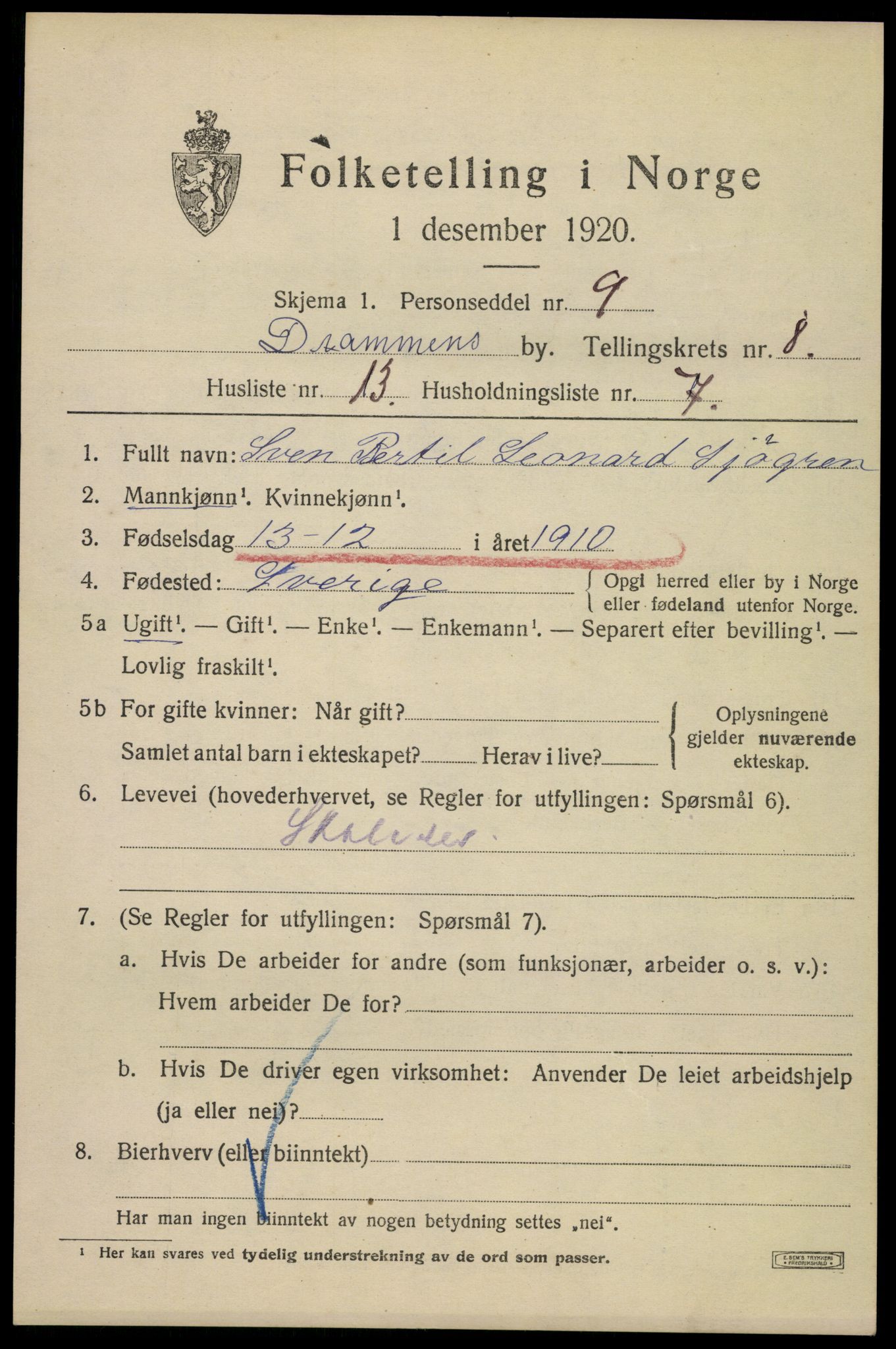 SAKO, 1920 census for Drammen, 1920, p. 53451