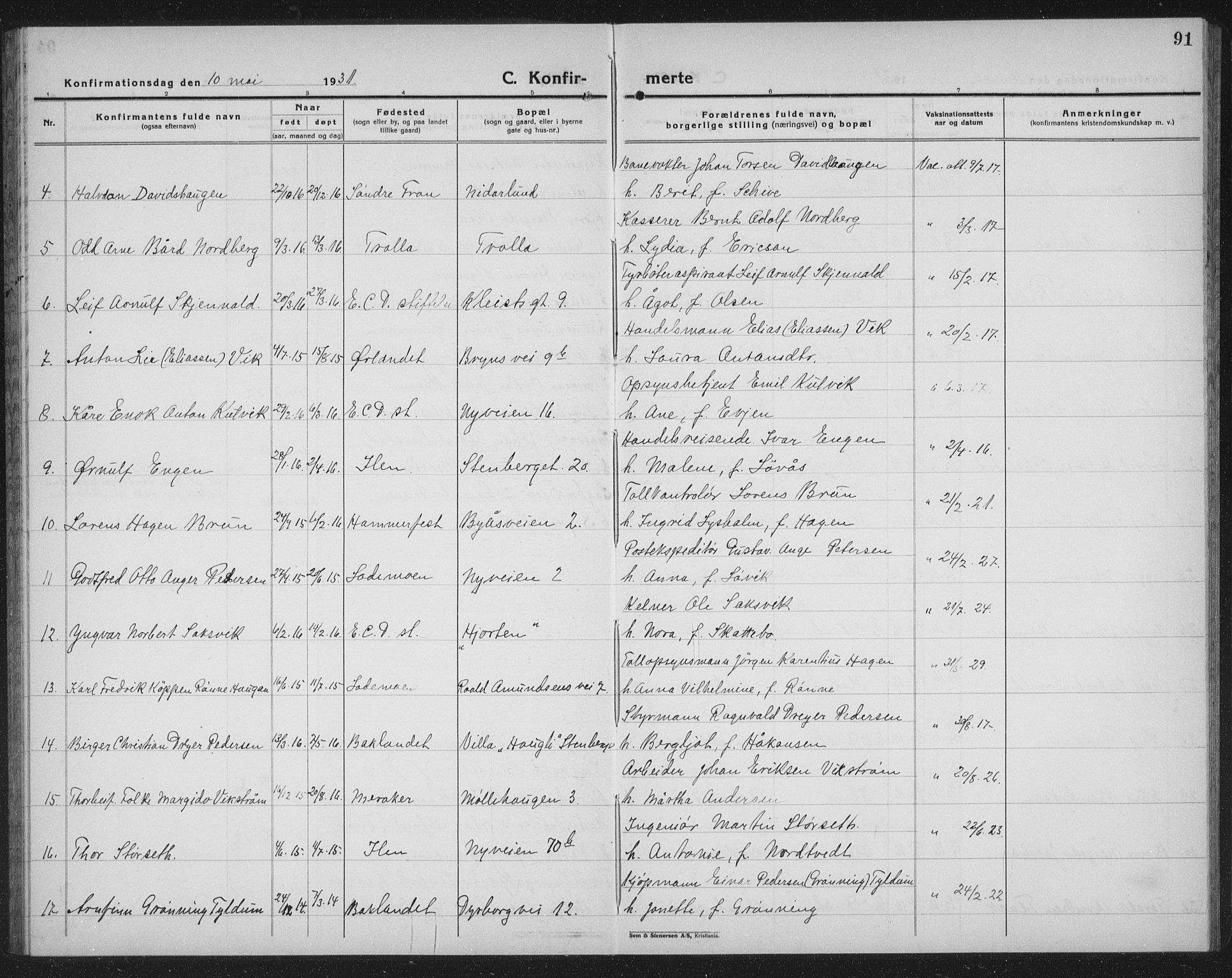 Ministerialprotokoller, klokkerbøker og fødselsregistre - Sør-Trøndelag, SAT/A-1456/603/L0175: Parish register (copy) no. 603C03, 1923-1941, p. 91
