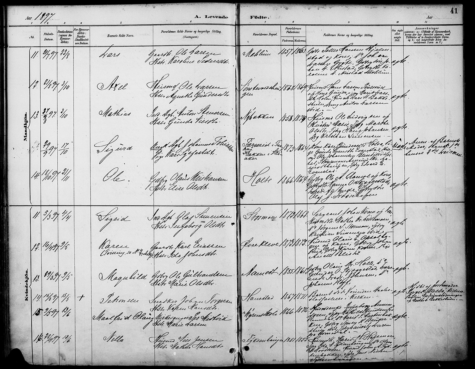 Østre Gausdal prestekontor, AV/SAH-PREST-092/H/Ha/Haa/L0002: Parish register (official) no. 2, 1887-1897, p. 41