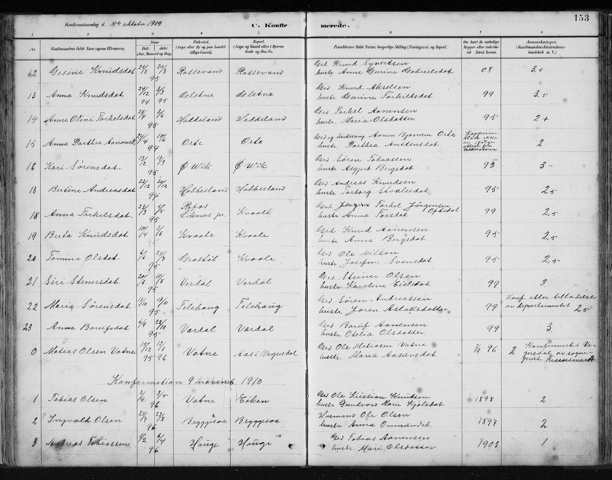 Hægebostad sokneprestkontor, SAK/1111-0024/F/Fb/Fbb/L0003: Parish register (copy) no. B 3, 1887-1937, p. 153