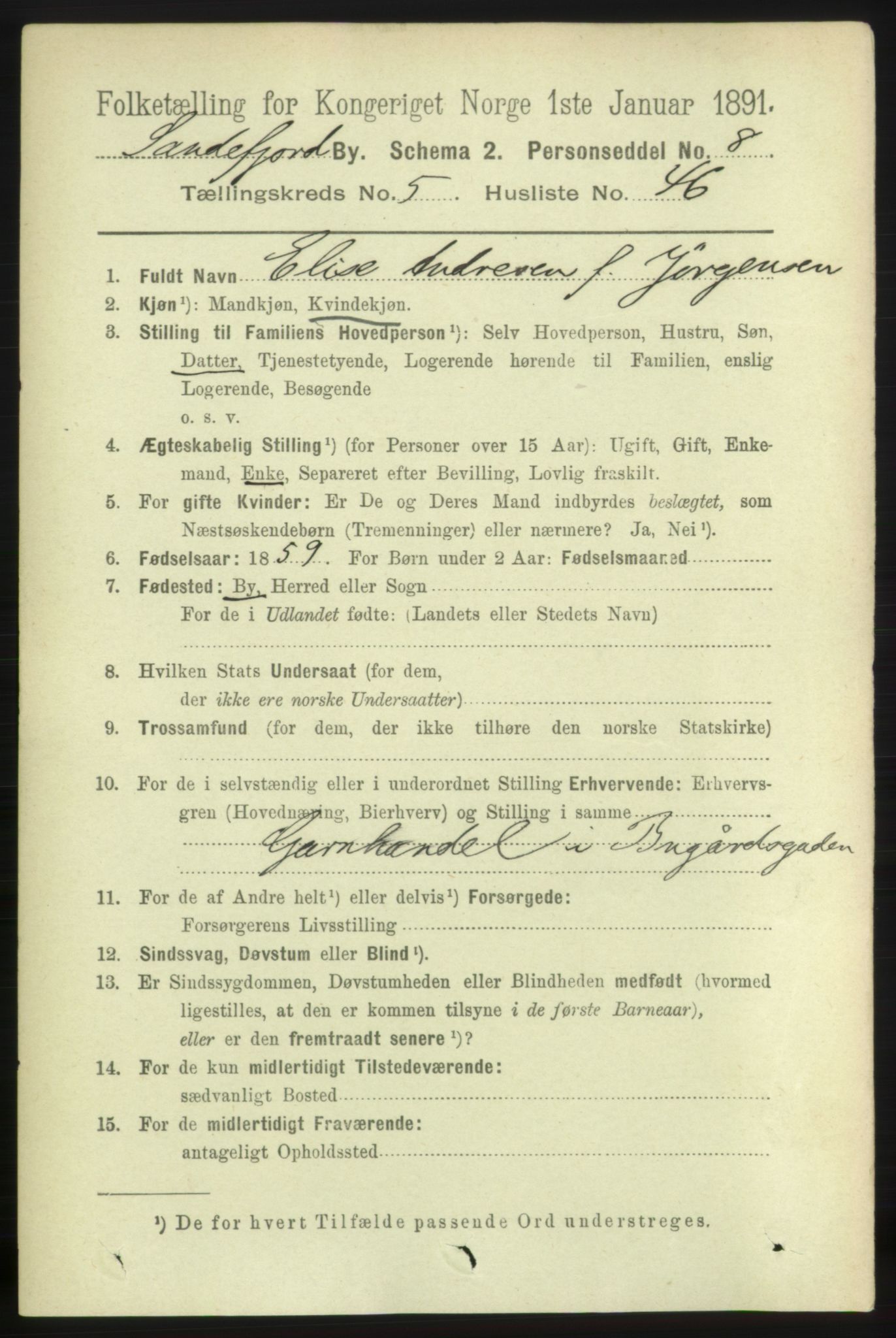 RA, 1891 census for 0706 Sandefjord, 1891, p. 2308