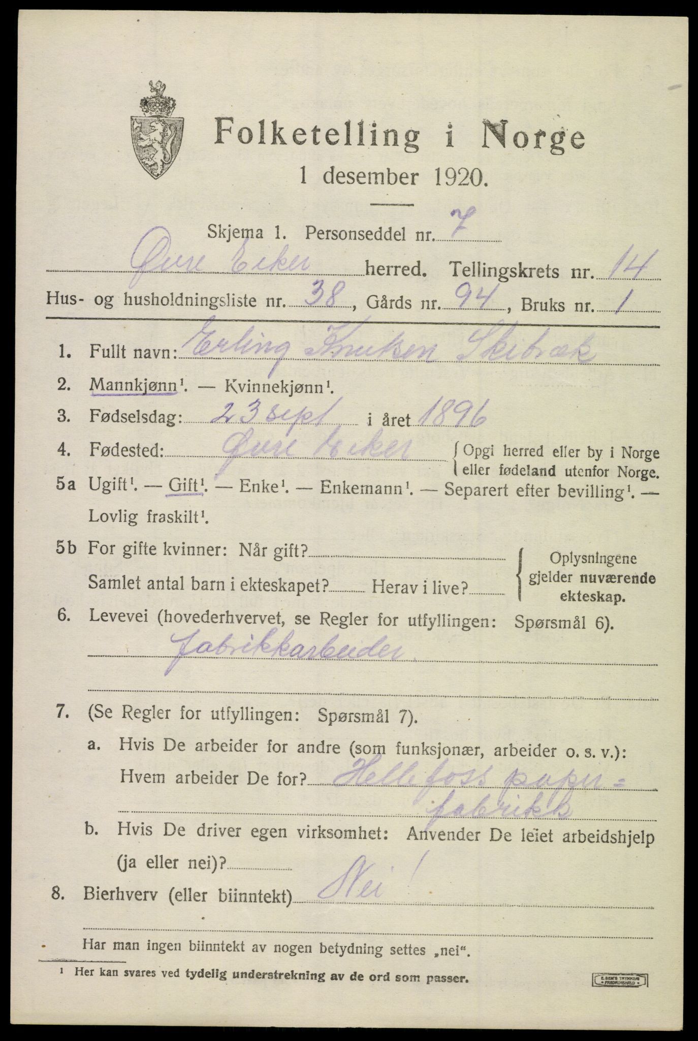 SAKO, 1920 census for Øvre Eiker, 1920, p. 20652