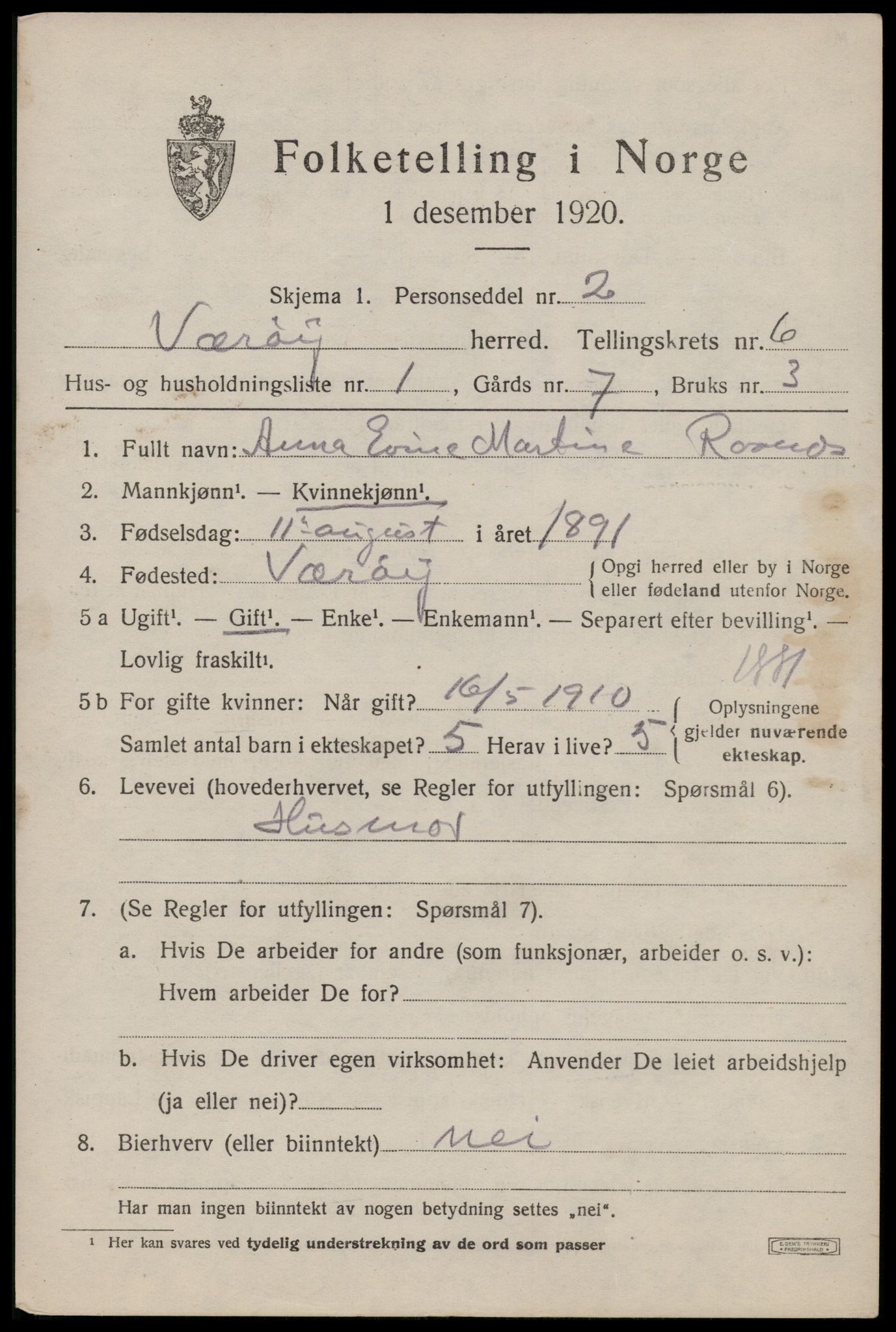 SAT, 1920 census for Værøy, 1920, p. 3647