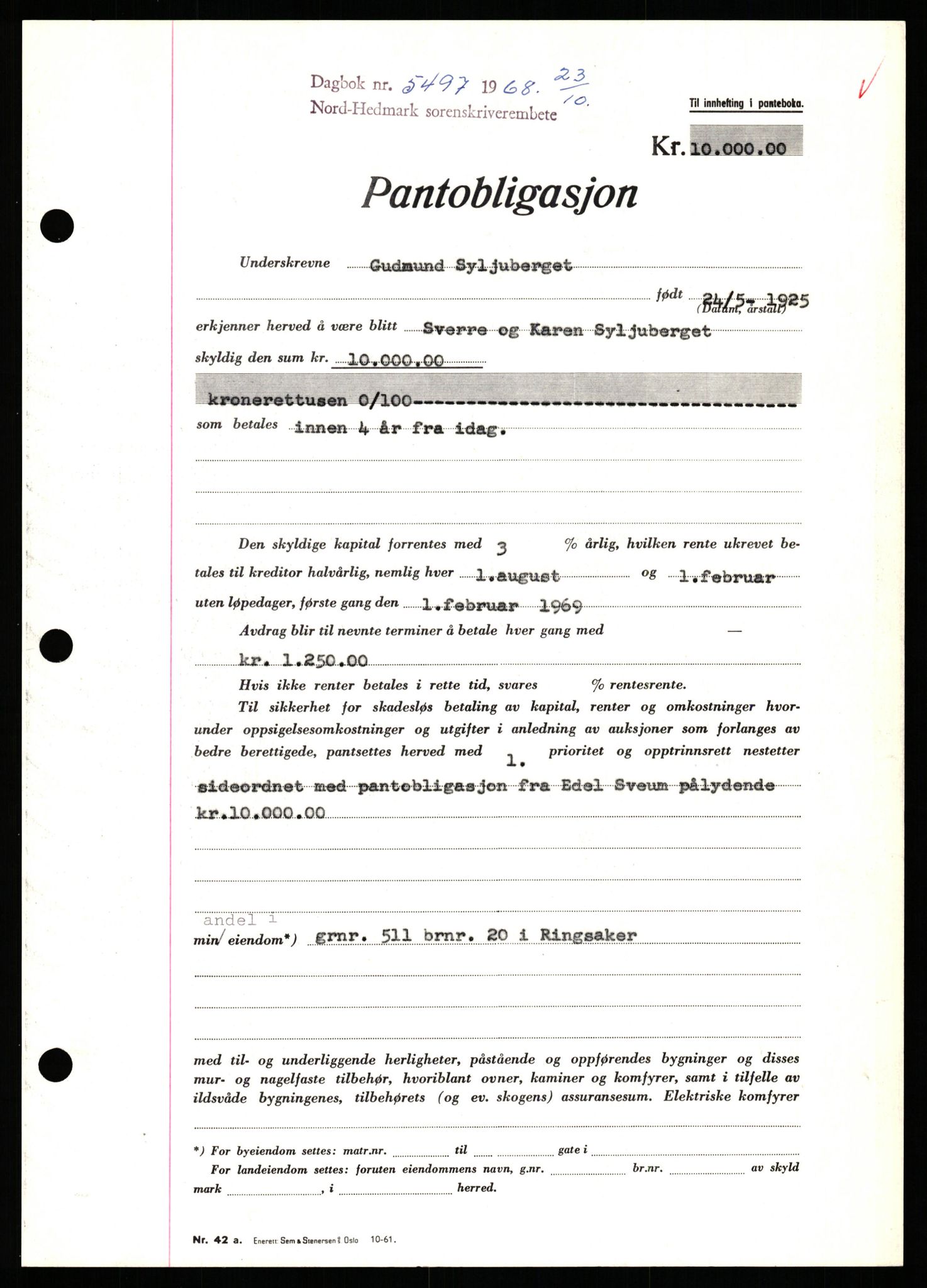 Nord-Hedmark sorenskriveri, SAH/TING-012/H/Hb/Hbf/L0077: Mortgage book no. B77, 1968-1969, Diary no: : 5497/1968