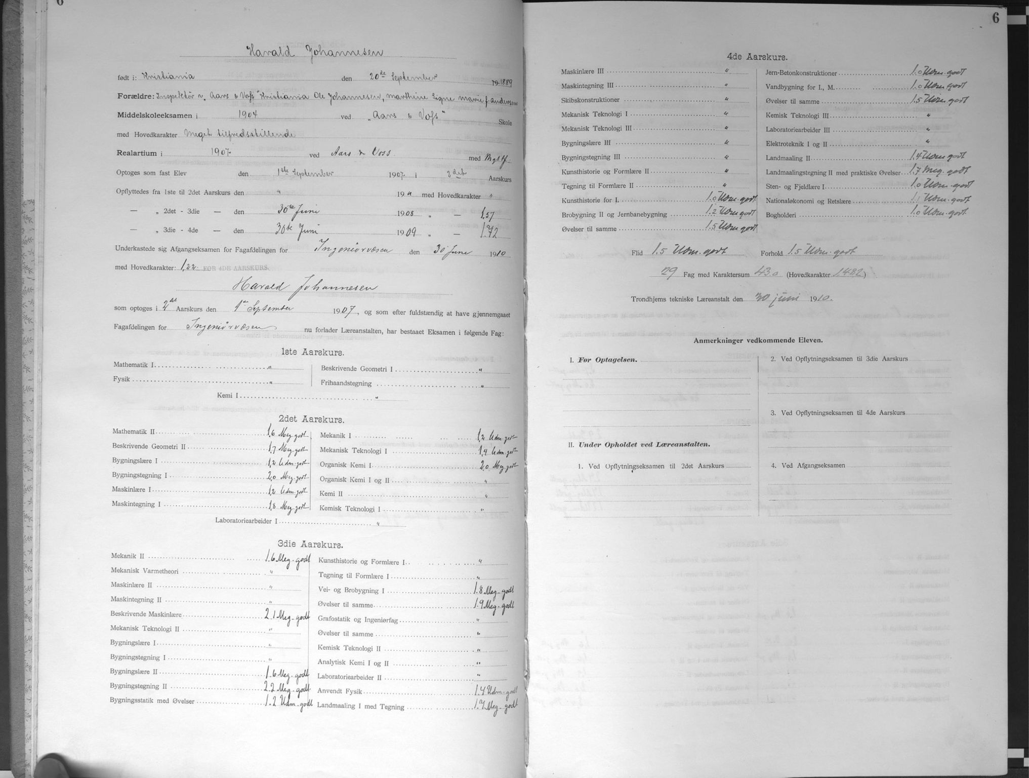 Trondhjems tekniske læreanstalt, AV/SAT-A-1622/G/Ga/L0049: Karakterprotokoll, faste elever, 1907-1912