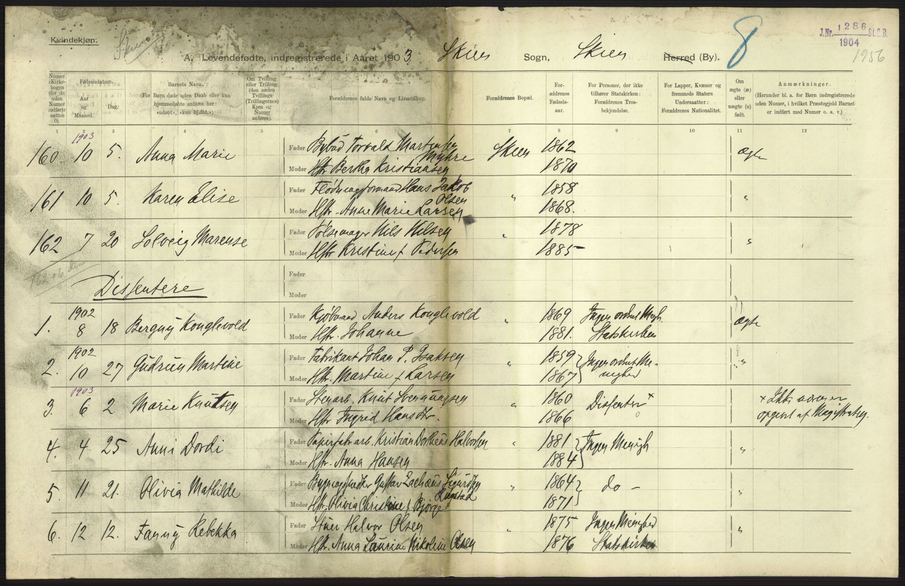 Statistisk sentralbyrå, Sosiodemografiske emner, Befolkning, AV/RA-S-2228/D/Df/Dfa/Dfaa/L0009: Bratsberg amt: Fødte, gifte, døde, 1903, p. 279