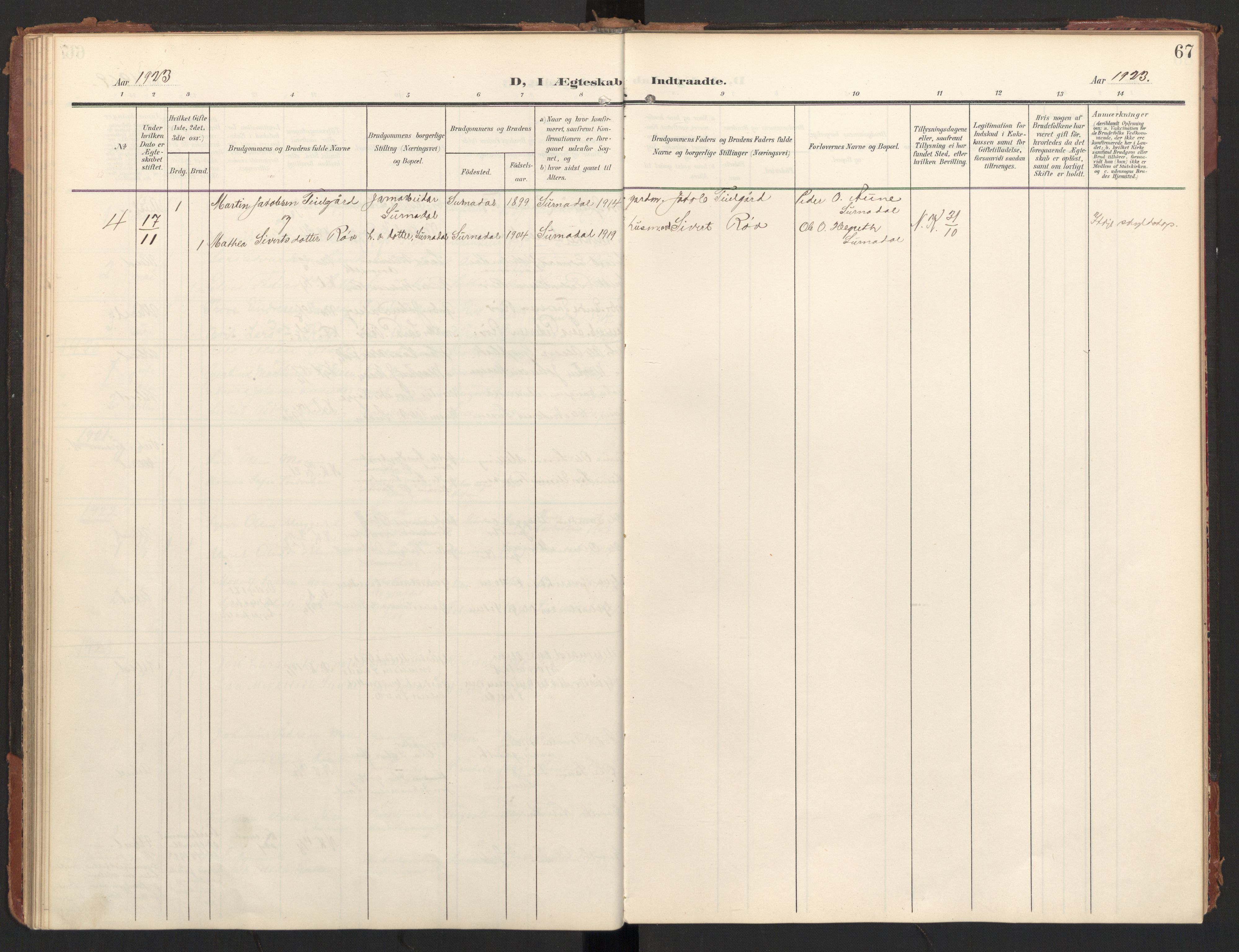Ministerialprotokoller, klokkerbøker og fødselsregistre - Møre og Romsdal, SAT/A-1454/597/L1063: Parish register (official) no. 597A02, 1905-1923, p. 67