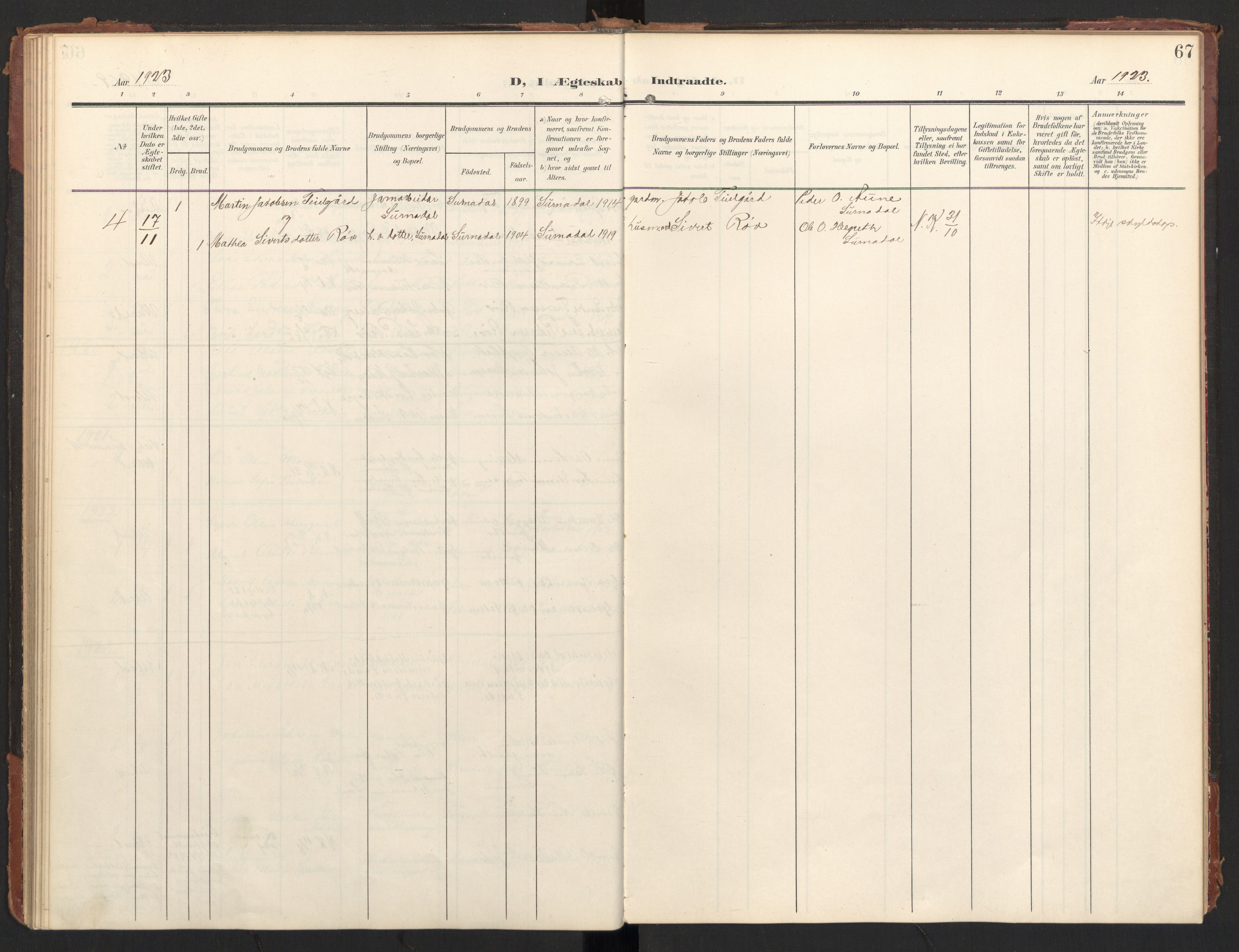 Ministerialprotokoller, klokkerbøker og fødselsregistre - Møre og Romsdal, AV/SAT-A-1454/597/L1063: Parish register (official) no. 597A02, 1905-1923, p. 67