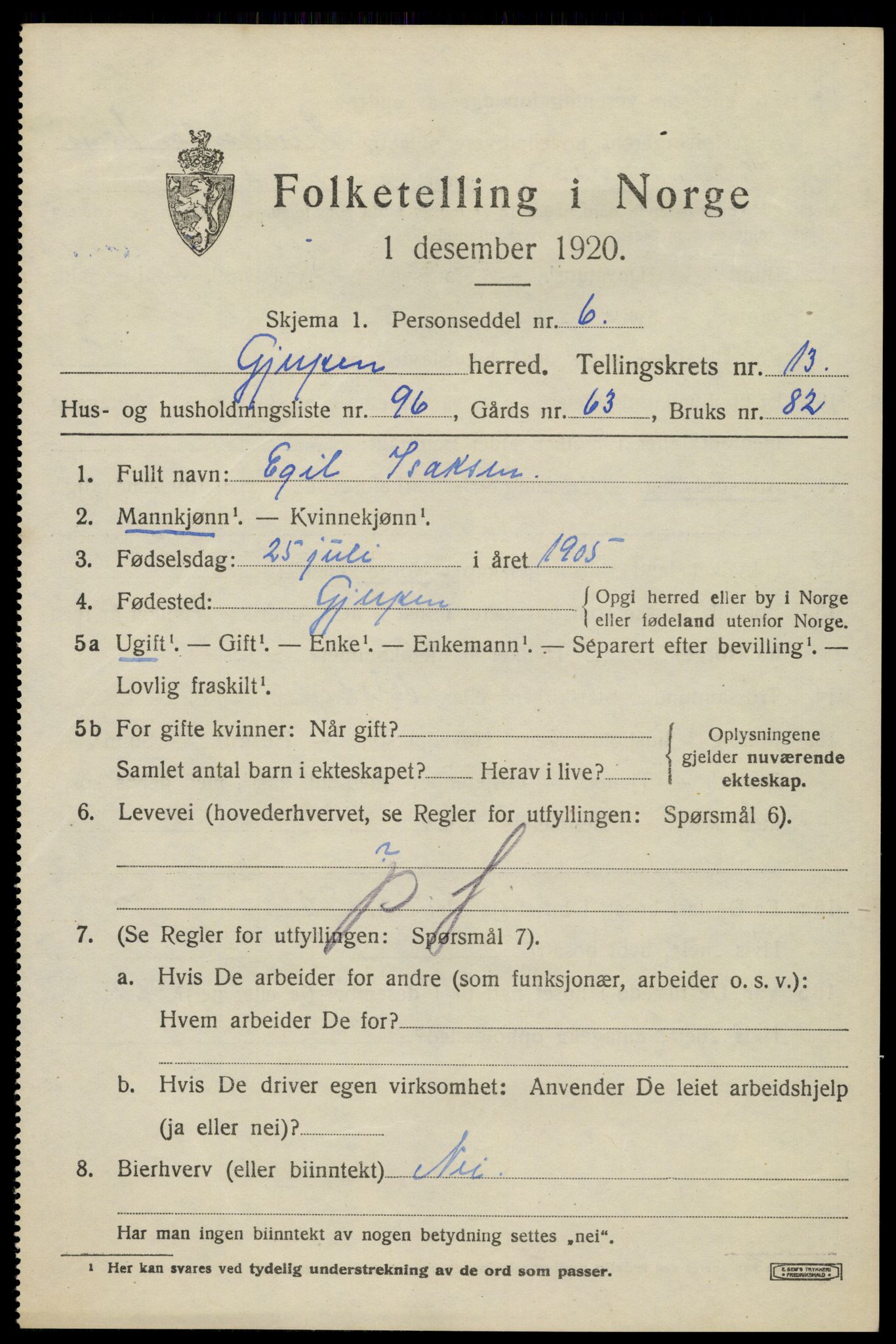 SAKO, 1920 census for Gjerpen, 1920, p. 15192