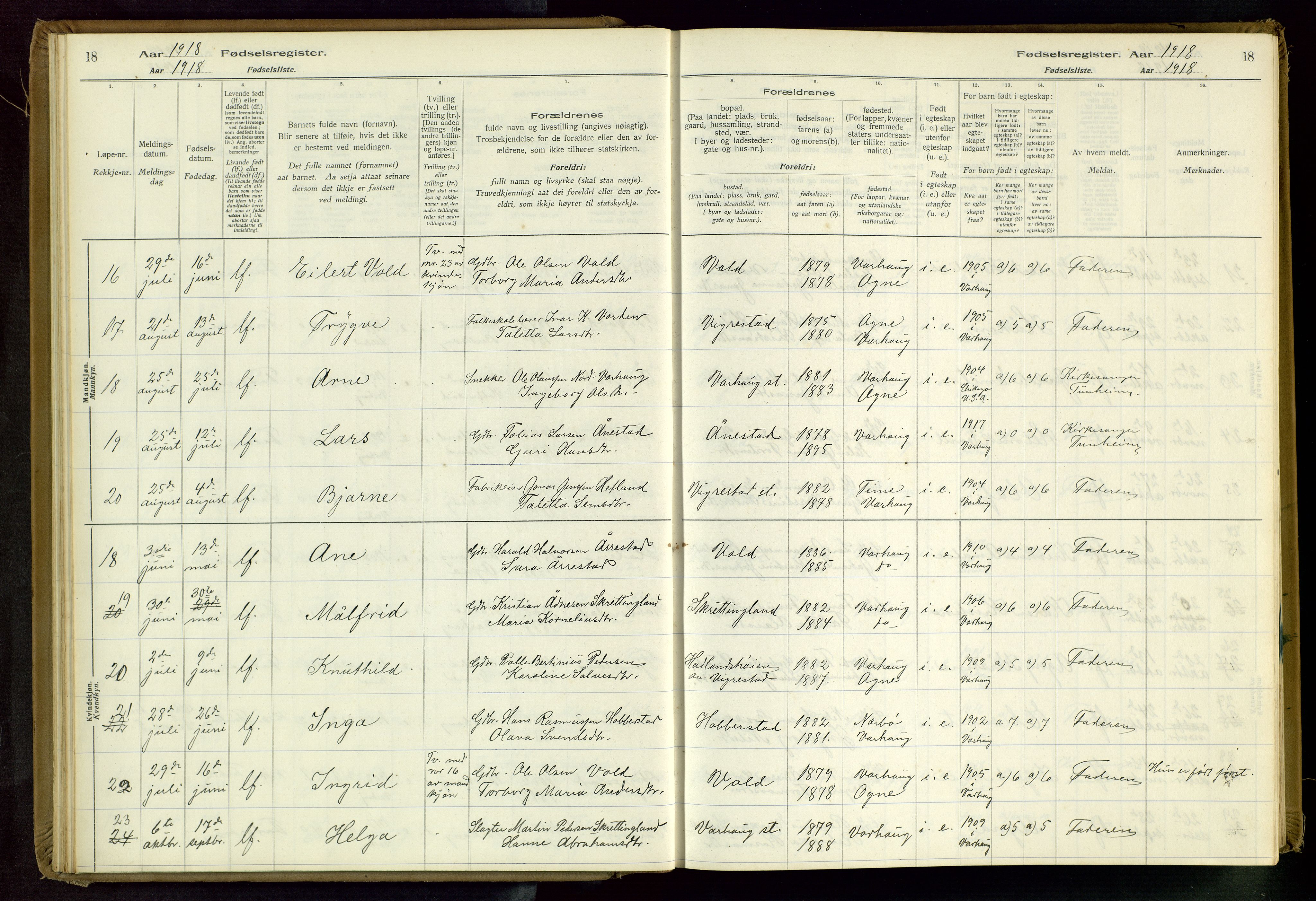 Hå sokneprestkontor, SAST/A-101801/001/704BA/L0001: Birth register no. 1, 1916-1944, p. 18