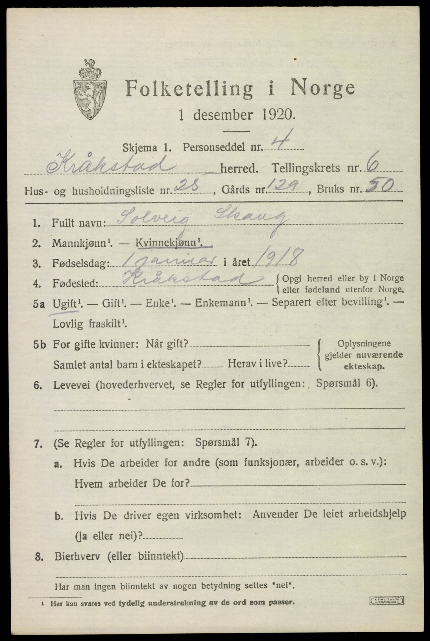 SAO, 1920 census for Kråkstad, 1920, p. 6127