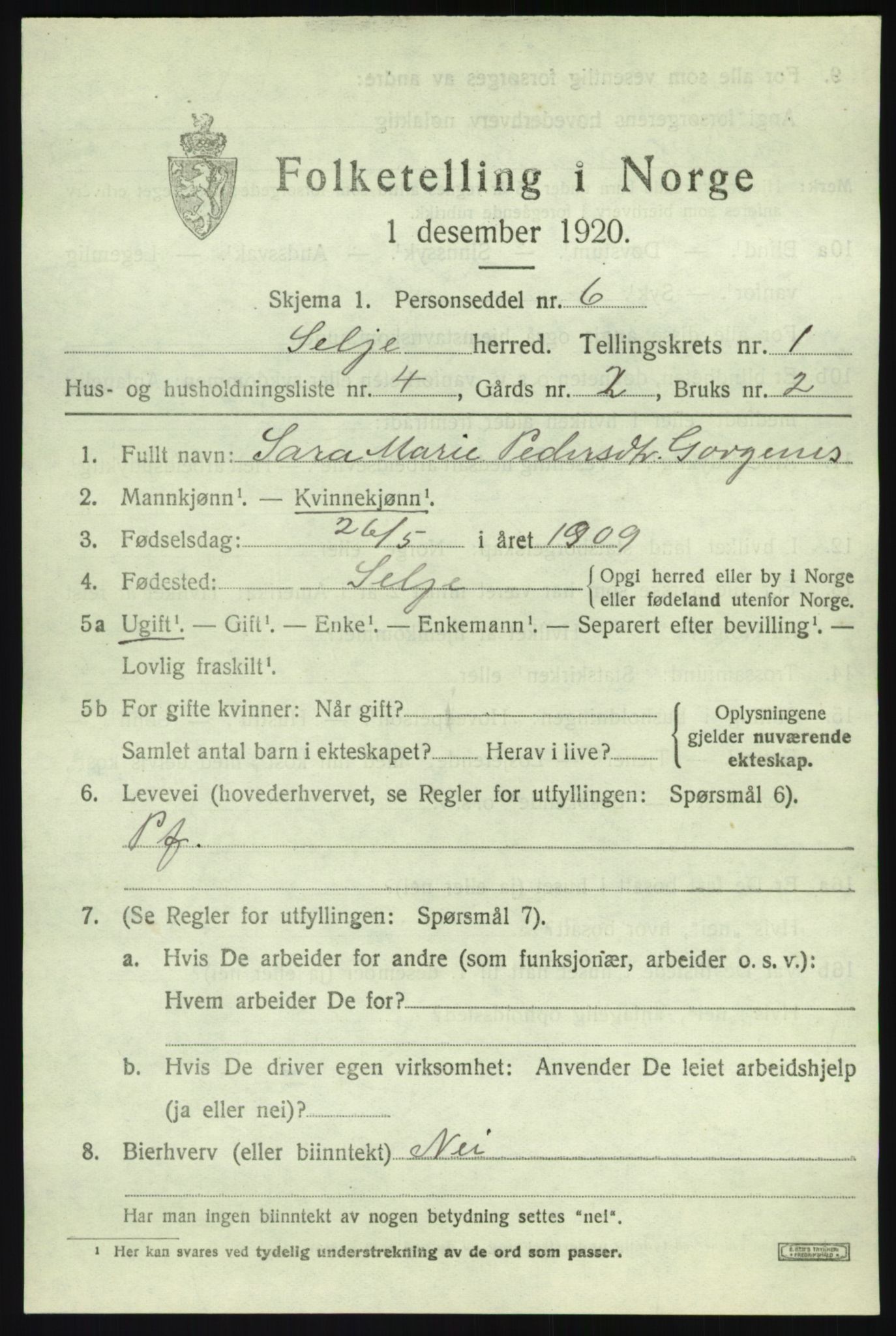 SAB, 1920 census for Selje, 1920, p. 1241