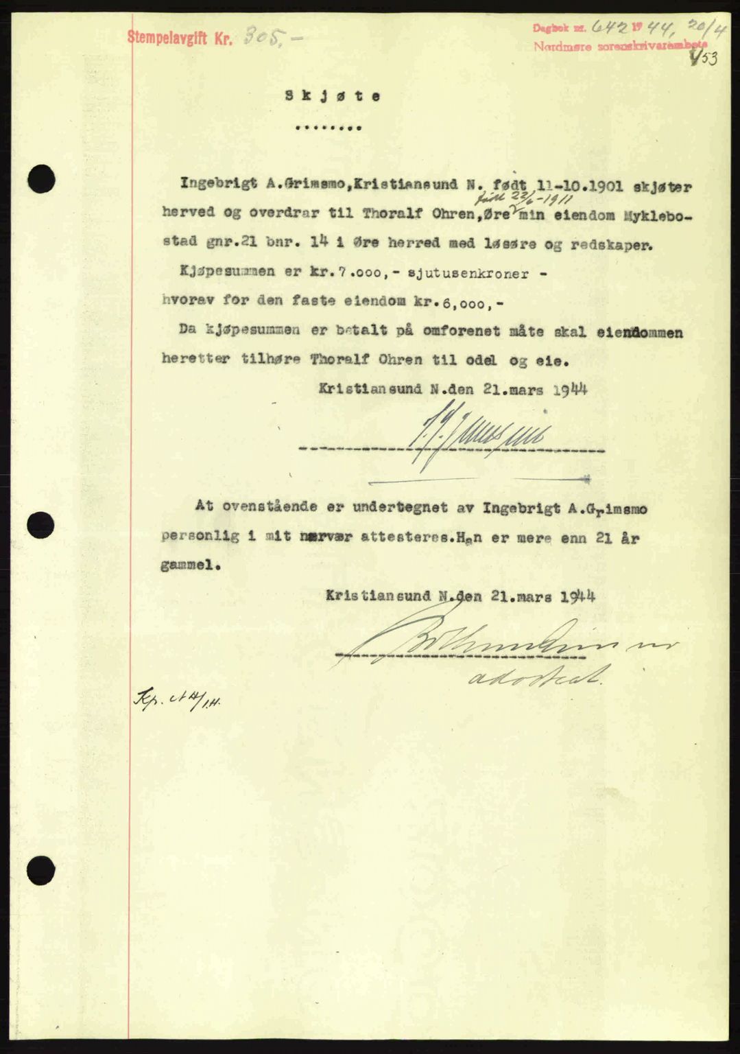 Nordmøre sorenskriveri, AV/SAT-A-4132/1/2/2Ca: Mortgage book no. A97, 1944-1944, Diary no: : 642/1944