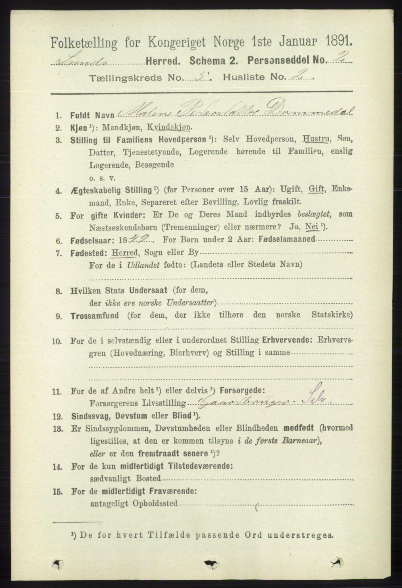 RA, 1891 census for 1245 Sund, 1891, p. 2376