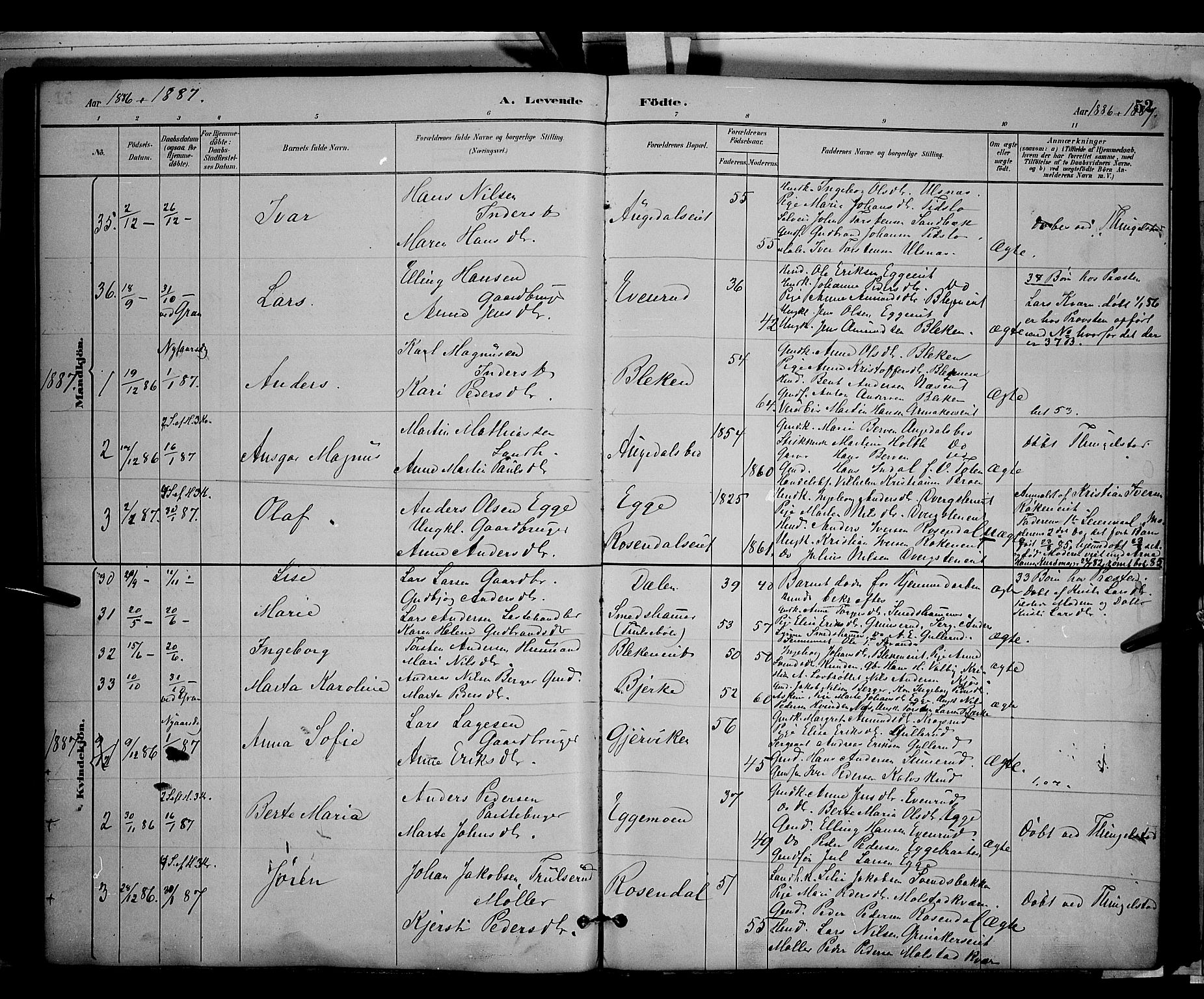 Gran prestekontor, SAH/PREST-112/H/Ha/Hab/L0003: Parish register (copy) no. 3, 1882-1890, p. 52