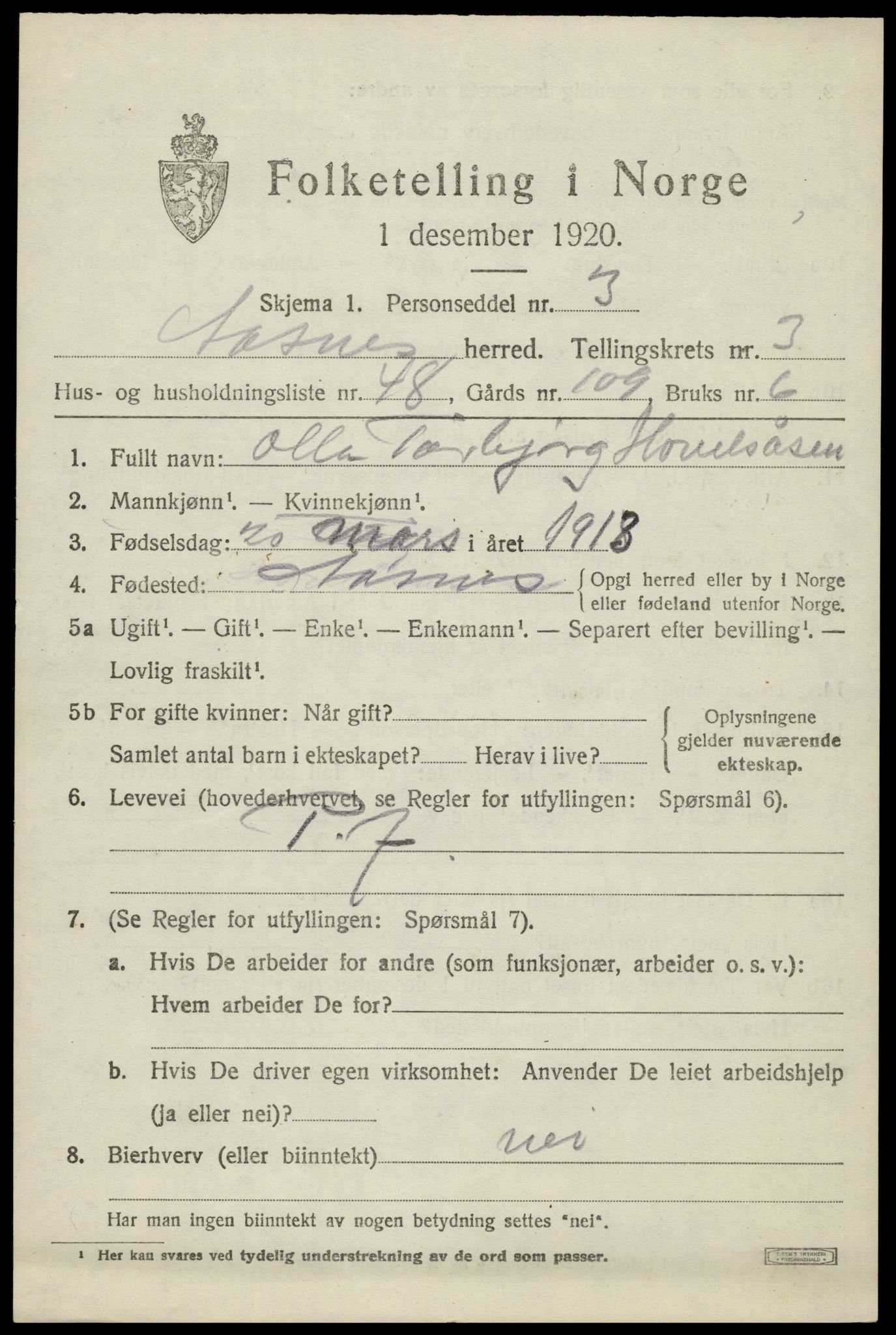 SAH, 1920 census for Åsnes, 1920, p. 4358