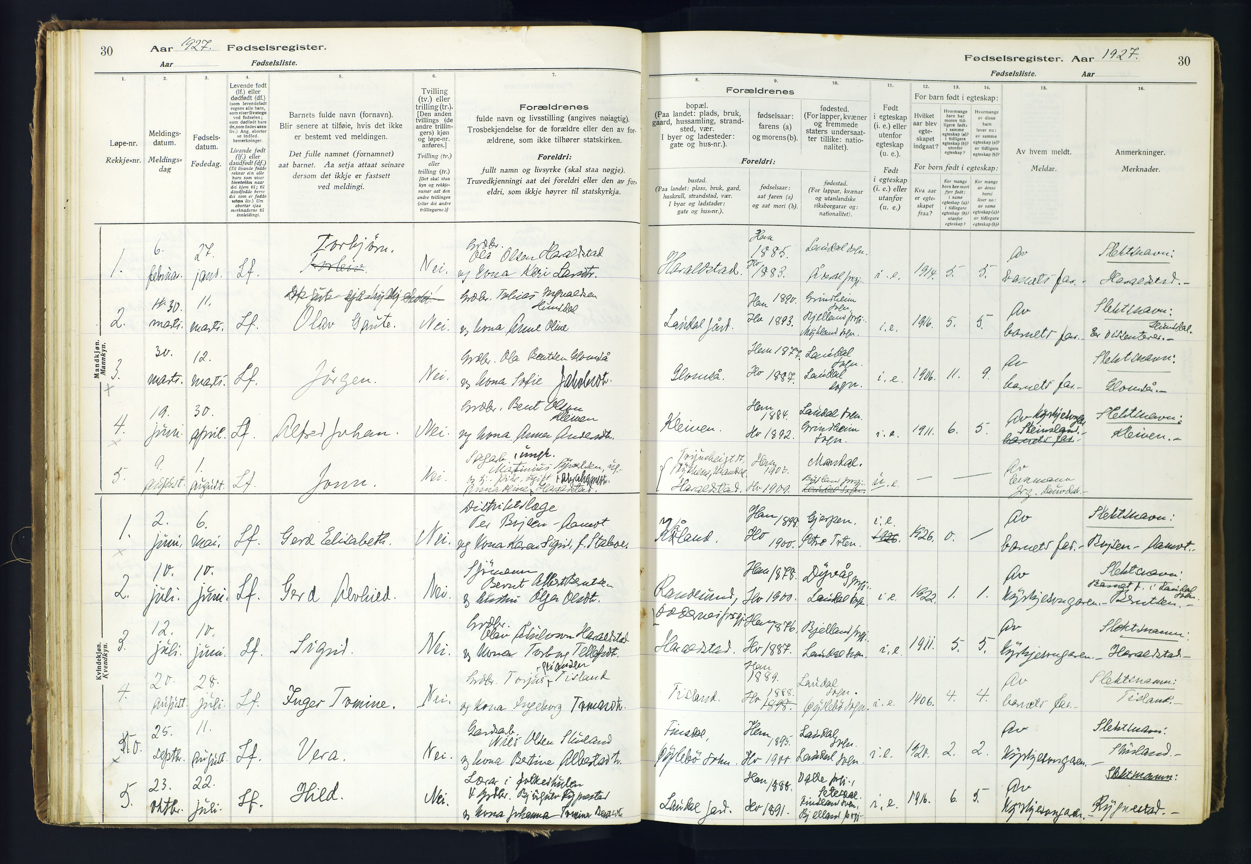 Holum sokneprestkontor, AV/SAK-1111-0022/J/Ja/L0001: Birth register no. II.6.10, 1916-1982, p. 30