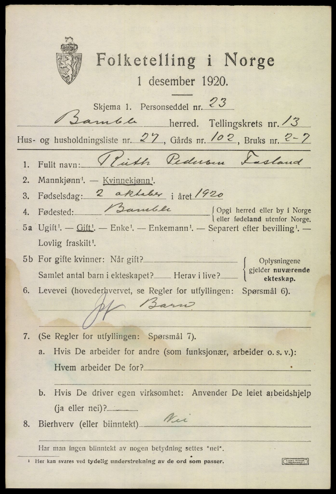 SAKO, 1920 census for Bamble, 1920, p. 9865