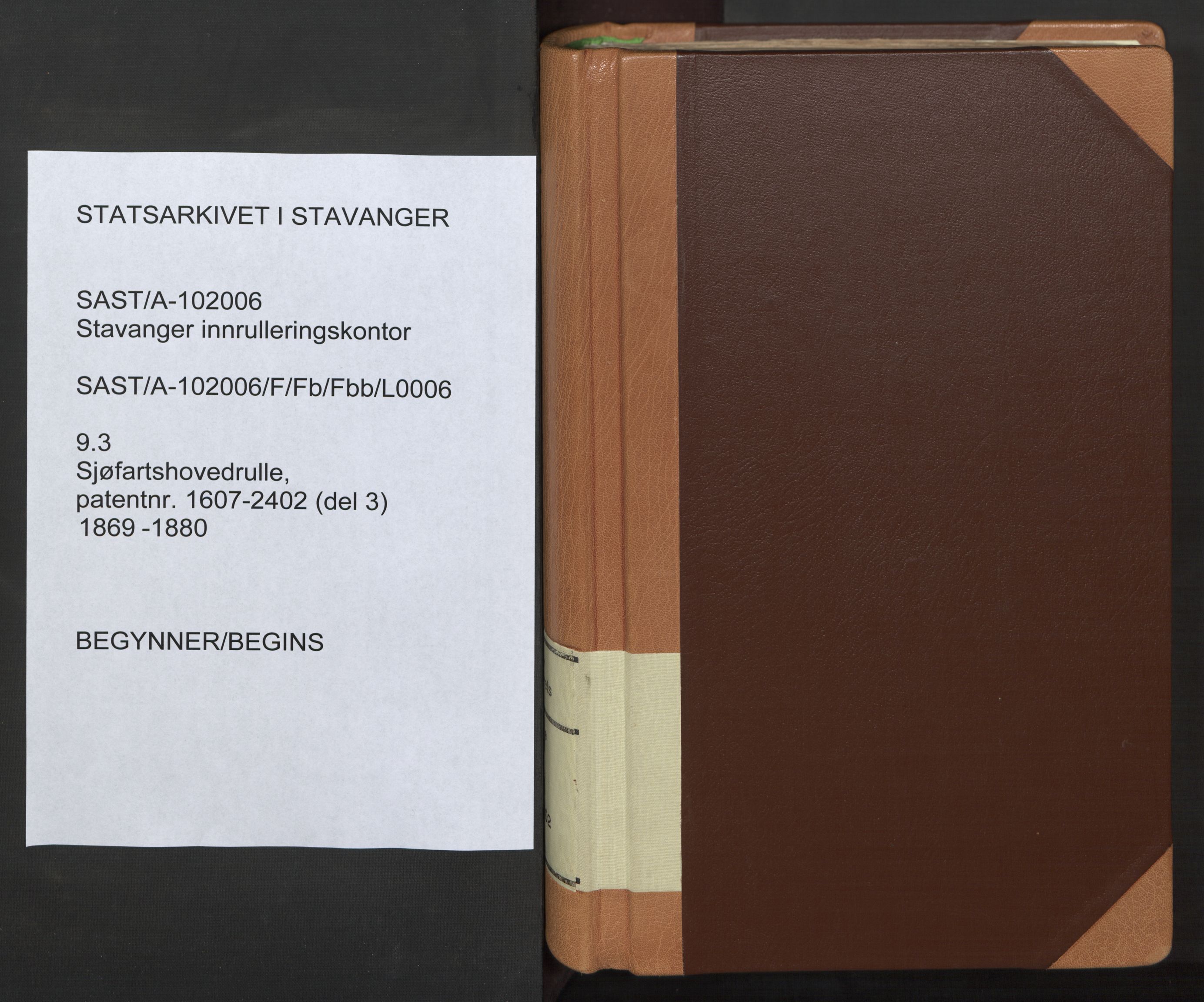 Stavanger sjømannskontor, SAST/A-102006/F/Fb/Fbb/L0006: Sjøfartshovedrulle, patentnr. 1607-2402 (del 3), 1869-1880, p. 1