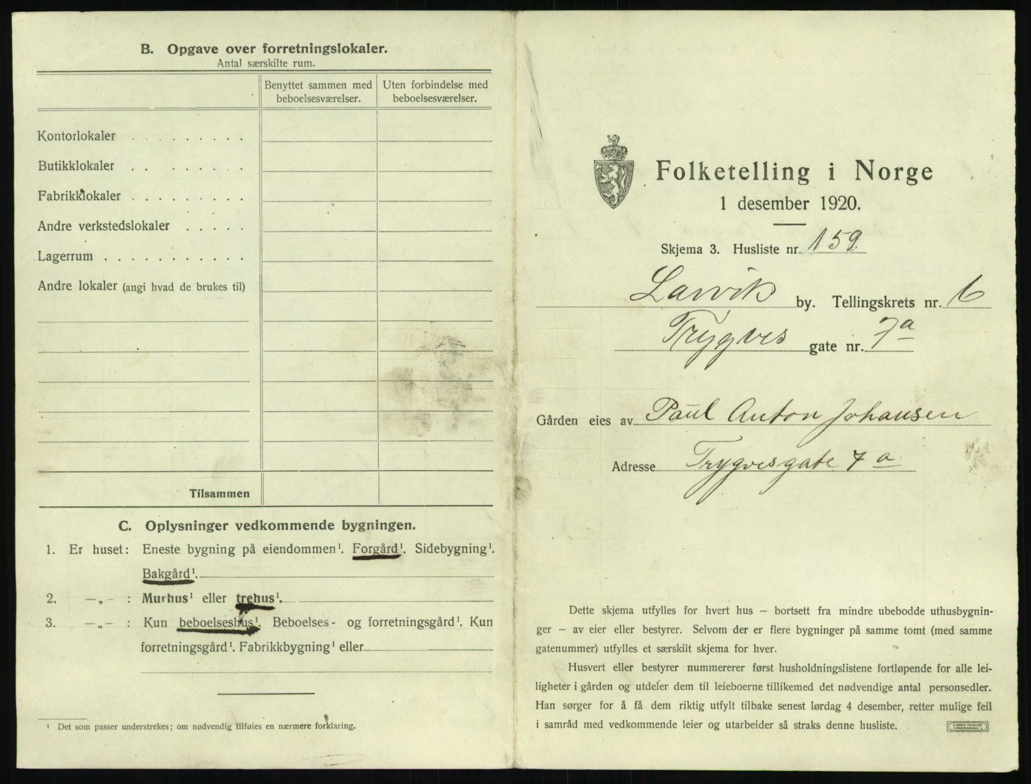 SAKO, 1920 census for Larvik, 1920, p. 1606