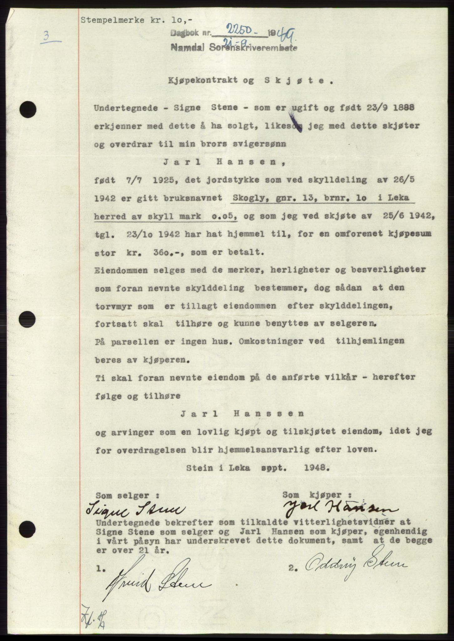 Namdal sorenskriveri, AV/SAT-A-4133/1/2/2C: Mortgage book no. -, 1949-1949, Diary no: : 2250/1949
